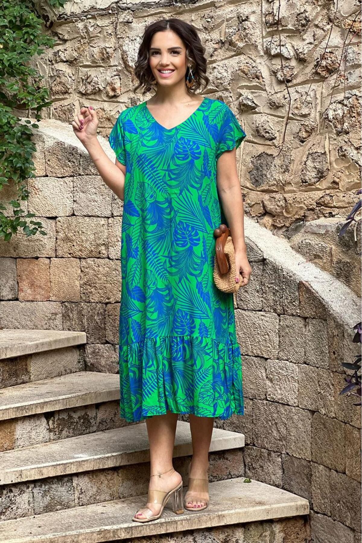 Nevin Kaya Moda Yeşil Botanik Desenli %100 Pamuk Viskon Elbise