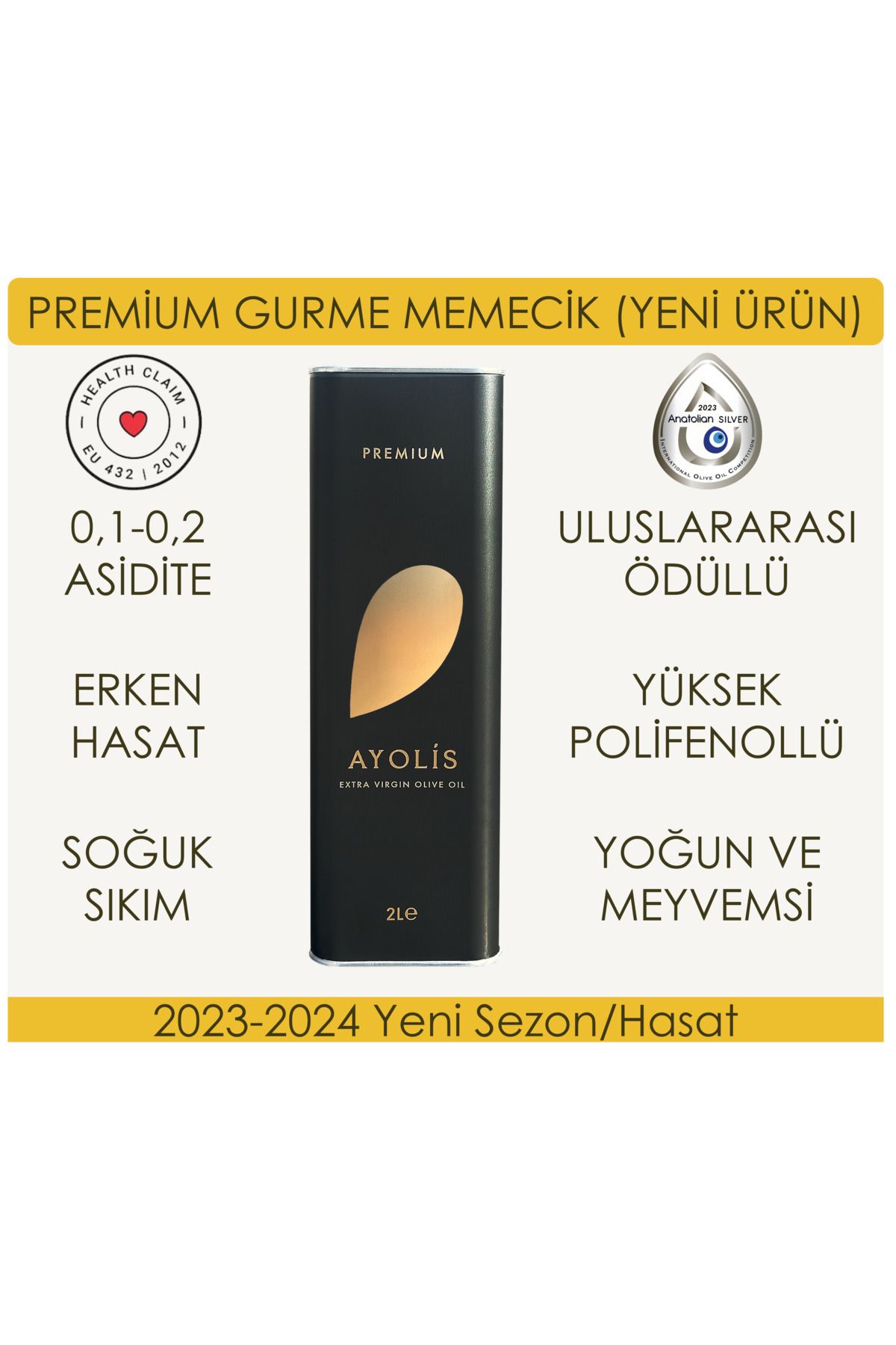 Ayolis Premium Gurme Memecik 2 Lt Yüksek Polifenollü Erken Hasat Soğuk Sıkım Natürel Sızma Zeytinyağı