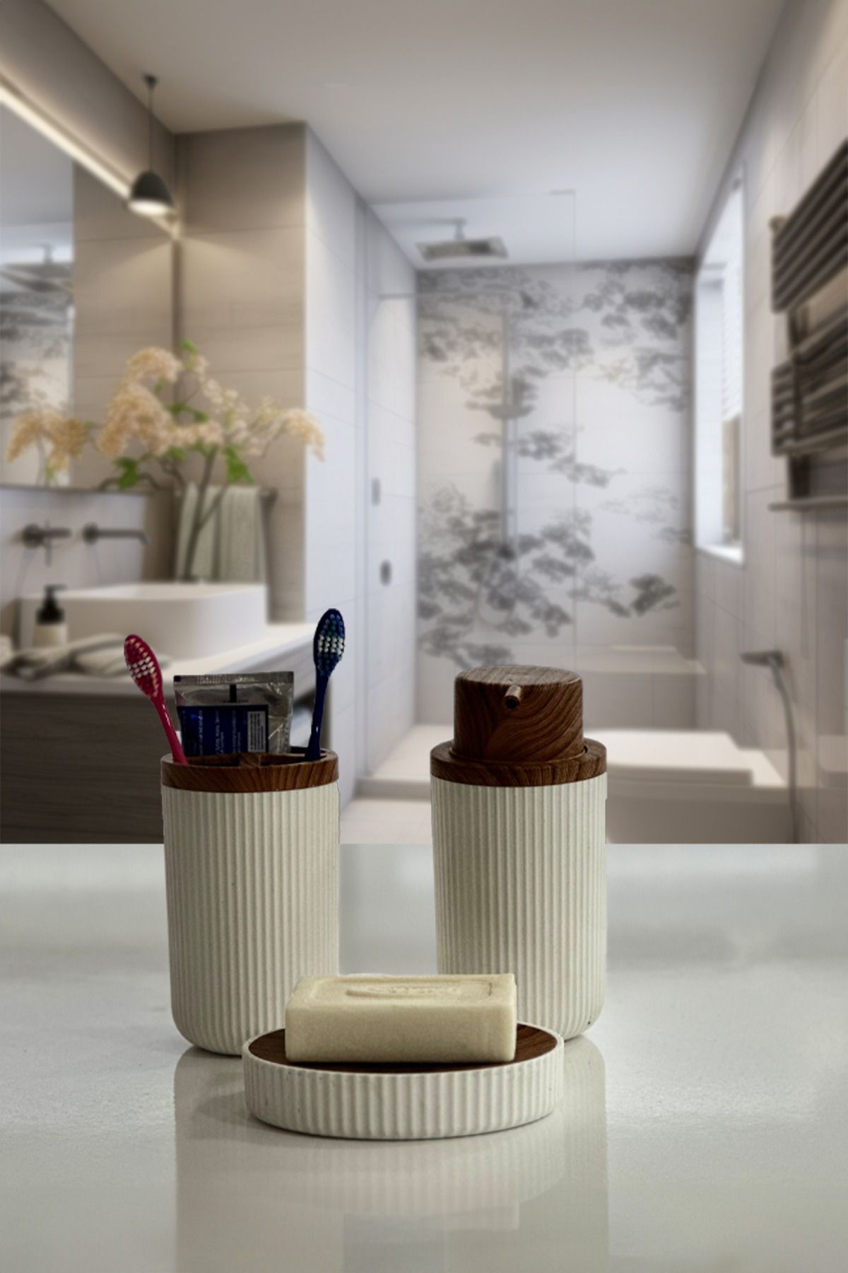 BİLTAŞ PLASTİK Monica Banyo Takımı Diş Fırçalık Sıvı Sabunluk Katı Sabunluk 3'lü Set Ahşap Beyaz