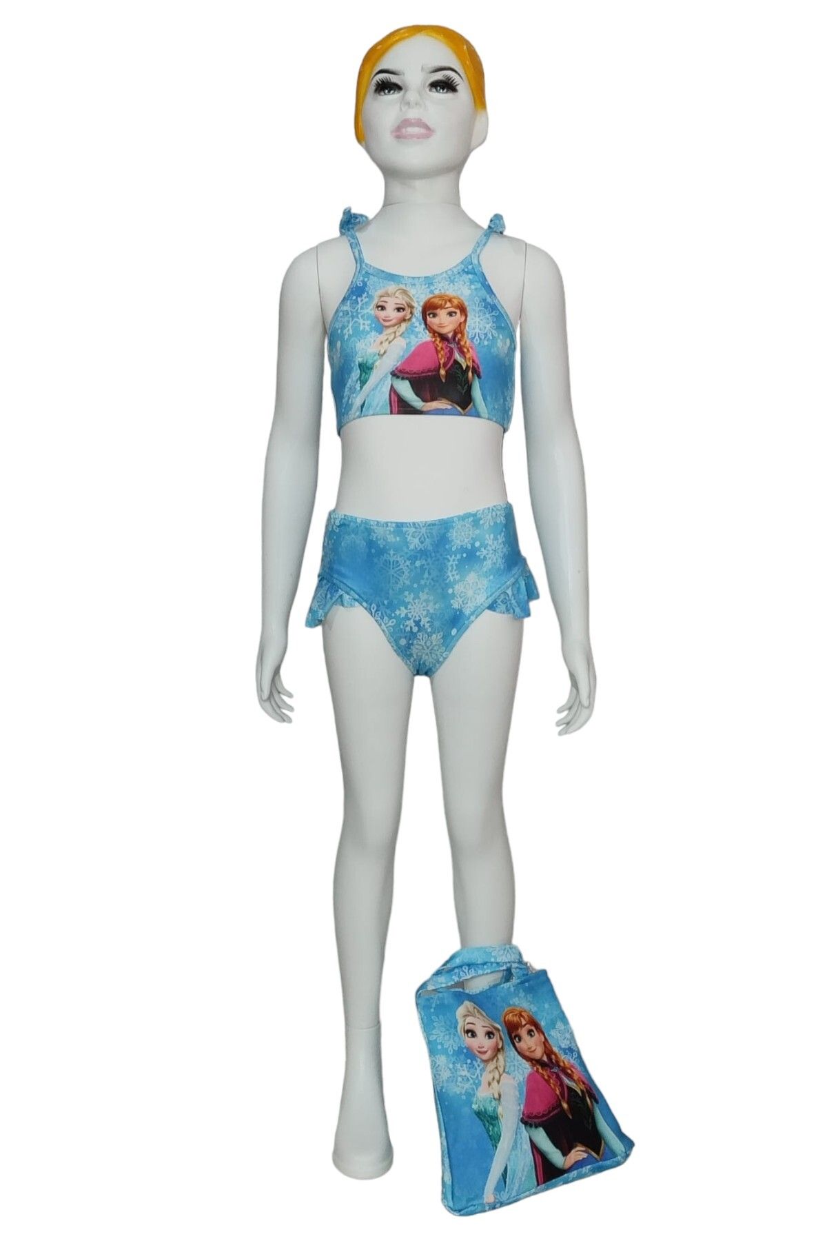 uz shop Mavi Elsa Ana Karakter Baskılı Plaj Çantalı Bikini Kız Çocuk Bikini