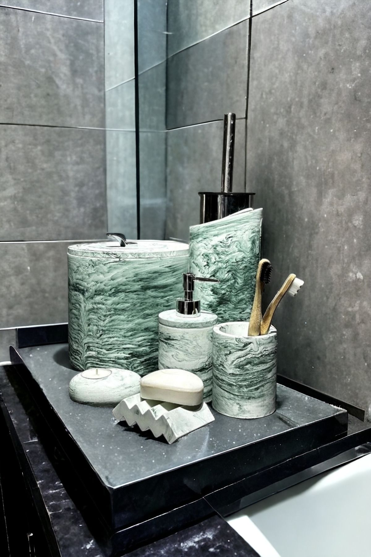 Trust Stone Mermer Desen Yeşil Renk Beton Banyo Seti,Çöp Kovasi,Tuvalet Fırçası Takim