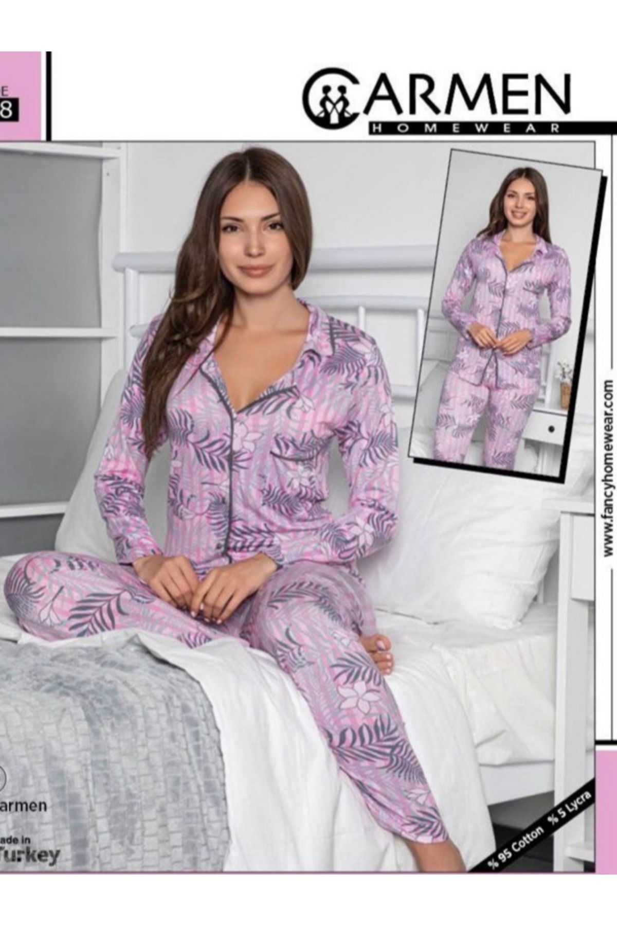 CARMEN Kadın Yaprak Desenli Önden Düğmeli Mor-LİLA Penye Pamuk Pijama Takımı