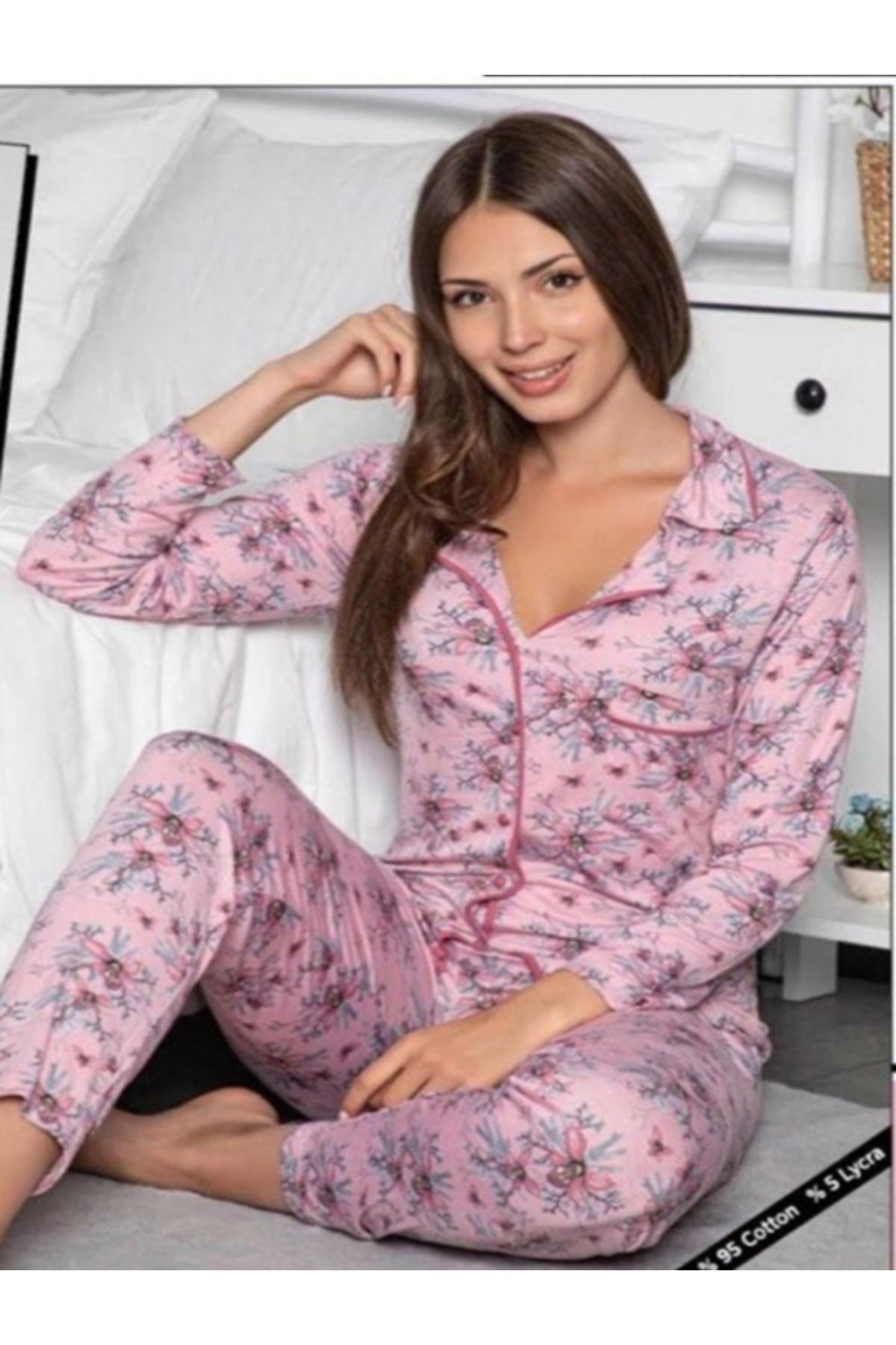 CARMEN Kadın Pembe Yaprak Desenli Önden Düğmeli Penye Pamuk Pijama Takımı