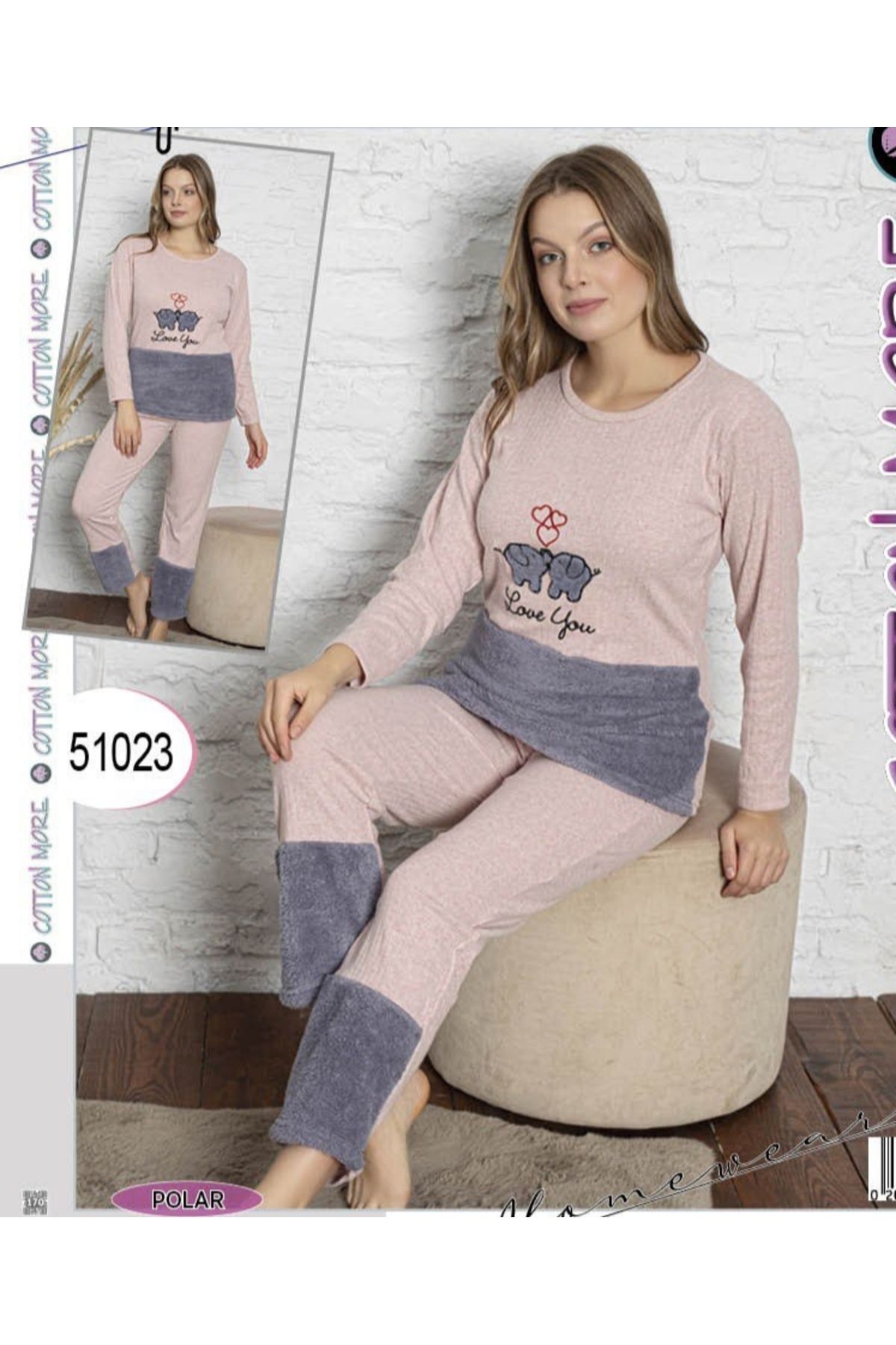 CARMEN Desenli Yazılı Pembe Renk Kadın Penye Pamuk Pijama Takımı