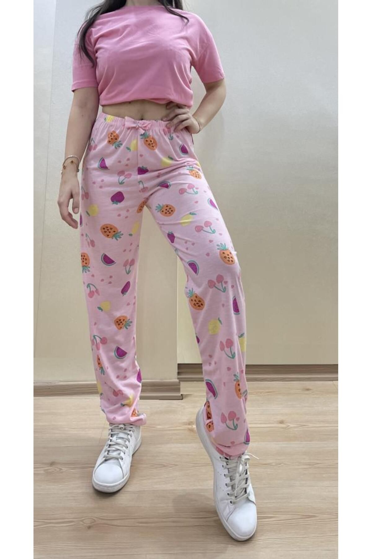 Betimoda Kadın Lastikli Bel %100 Pamuklu Kurdeleli Desenli Pijama Altı Pembe Karpuz