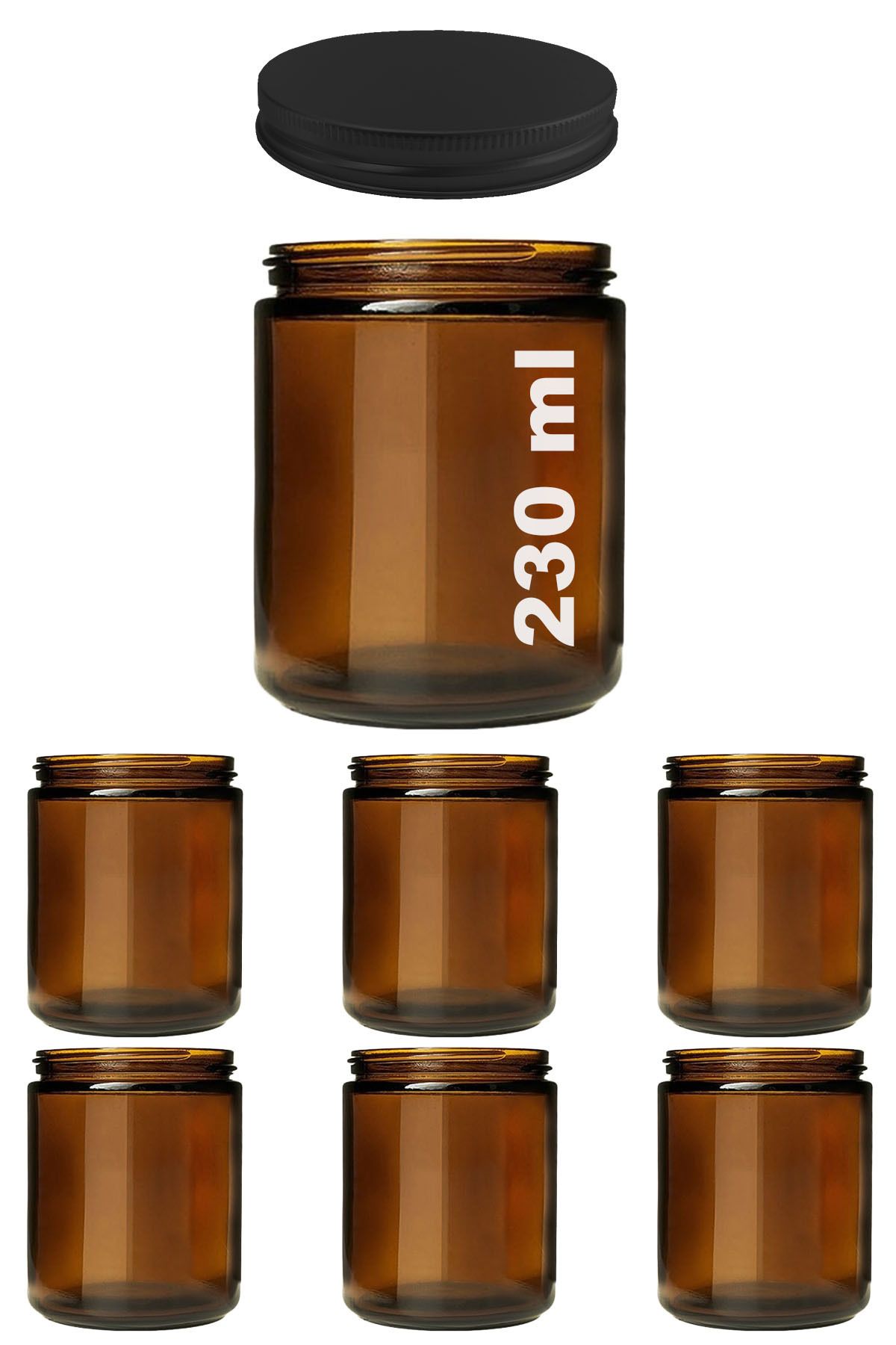 Afracam 230 ml Cam Kavanoz Amber 230 Cc Bal Metal Siyah Kapaklı Kahverengi 6 Adet