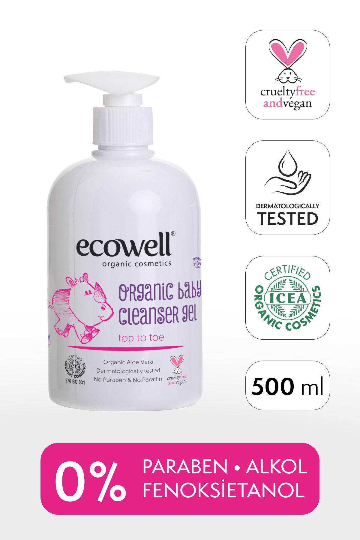 Ecowell Bebek Ve Çocuk Temizleme Jeli, Organik & Vegan Sertifikalı, Şampuan, Duş Jeli Sabun Parabensiz 500ml