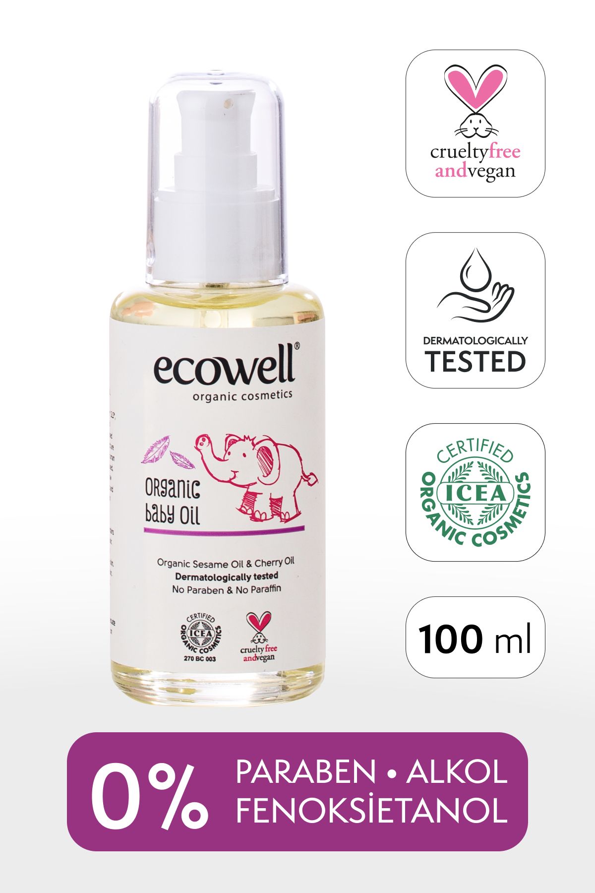 Ecowell Bebek Yağı, Organik & Vegan Sertifikalı, Hipoalerjenik, Nemlendirici, Rahatlatıcı Bebe Masajı, 100ml