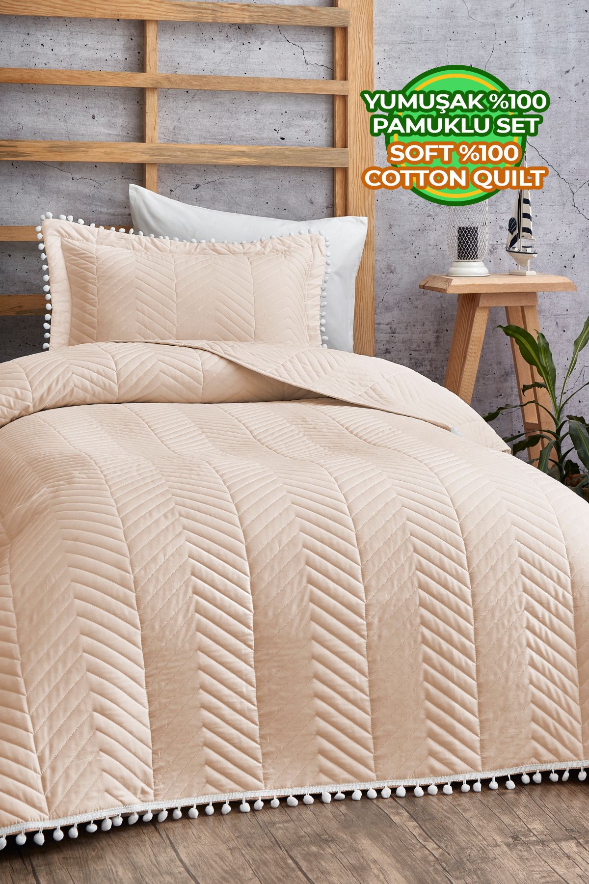 Evlen Home Collection Ponponlu %100 Pamuk Tek Kişilik Yatak Örtüsü ( Pike ) Takımı Açık Cappuccino