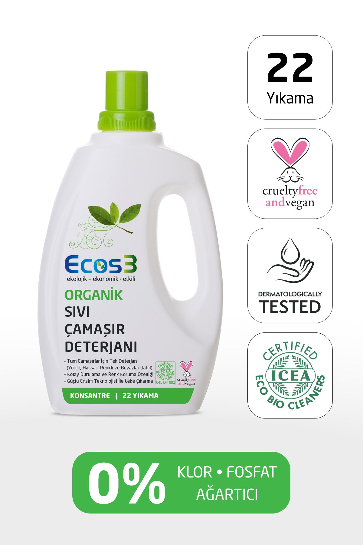 Ecos3 Sıvı Çamaşır Deterjanı, Organik & Vegan Sertifikalı, Bitkisel, Extra Konsantre, 22 Yıkama, 750 ml
