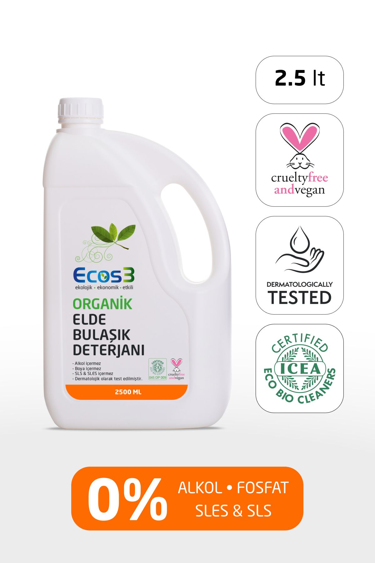 Ecos3 Elde Bulaşık Deterjanı, Organik & Vegan Sertifikalı, Ekolojik, Hipoalerjenik, Aloe Vera’lı, 2.5 Lt