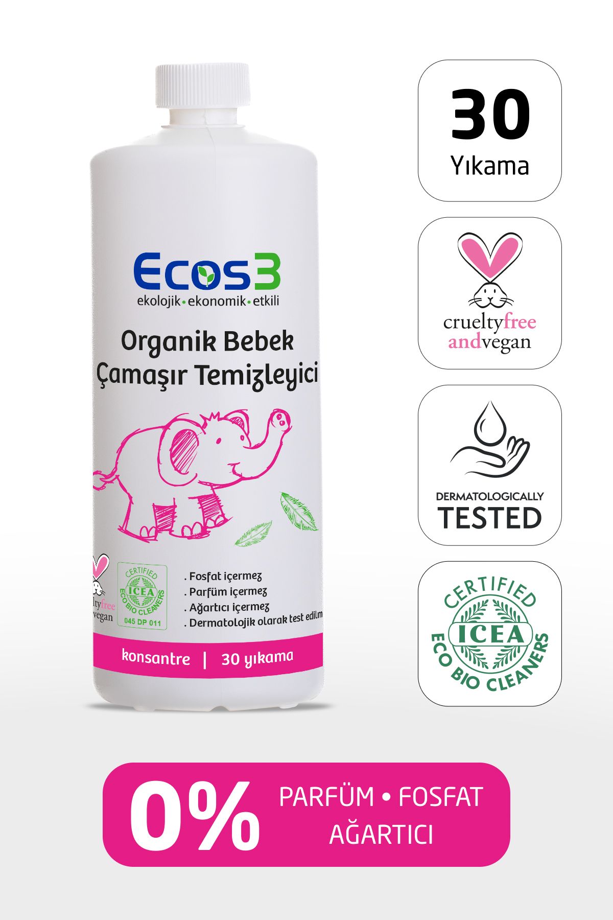 Ecos3 Bebek Çamaşır Deterjanı, Organik & Vegan Sertifikalı, Ekolojik, Kokusuz, Konsantre 30 Yıkama, 1050ml