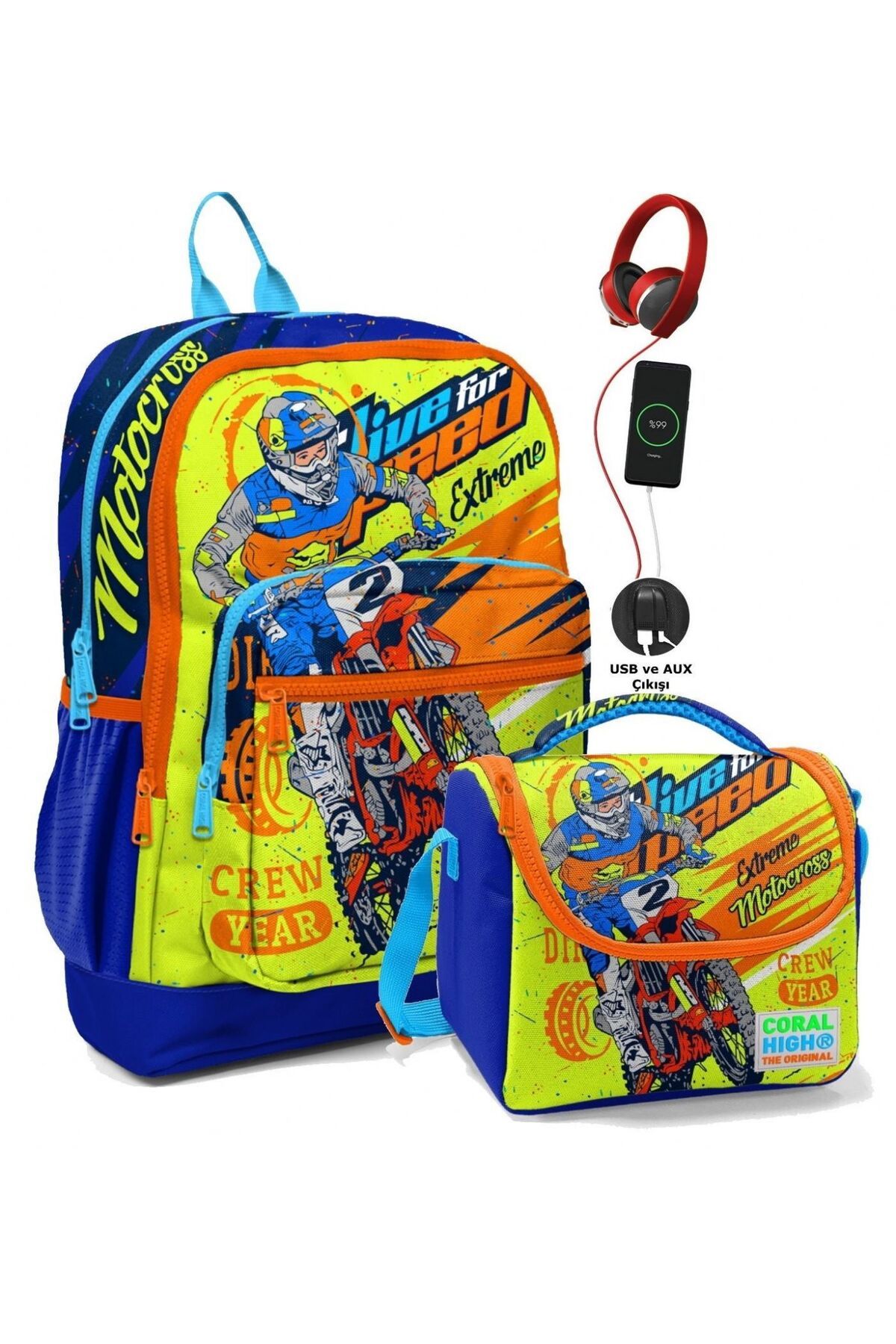 Coral High Okul Çantası Ve Beslenme Çanta Seti - Usb Soketli Sarı Mavi Motosiklet Erkek Çocuk