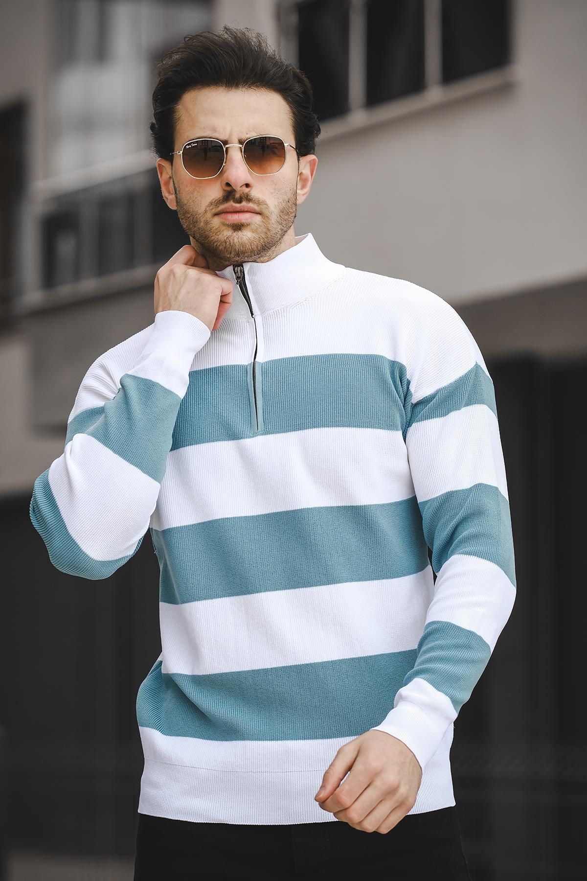 Oksit Ht 340011 Çift Renk Erkek Uzun Kol Fermuarlı Dik Yaka Triko Sweater