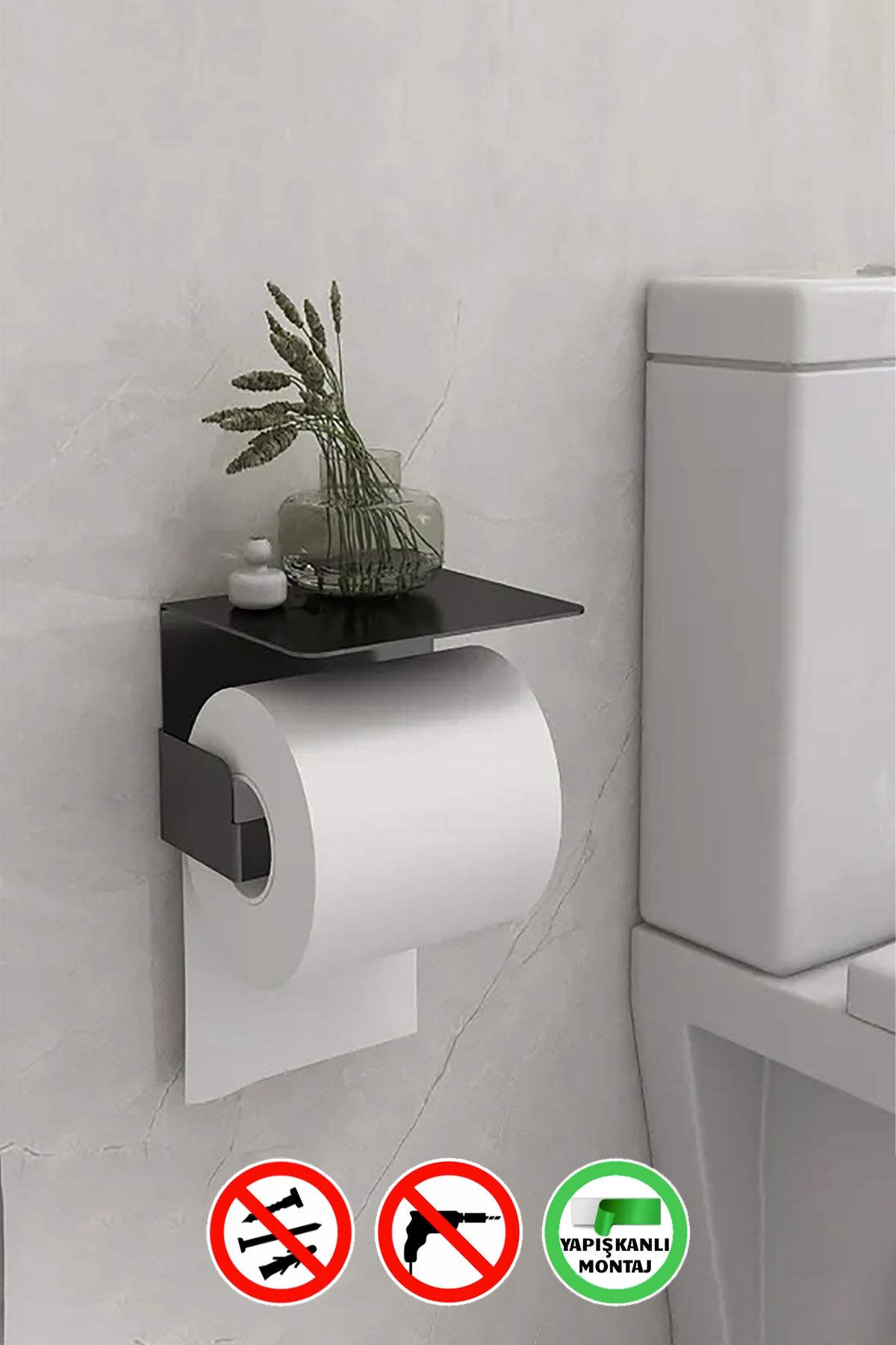 Rosyvien Yapışkanlı Metal Tuvalet Kağıtlığı, Tuvalet Kağıdı Askısı Dekoratif Modern Raflı Wc Banyo Kağıtlık