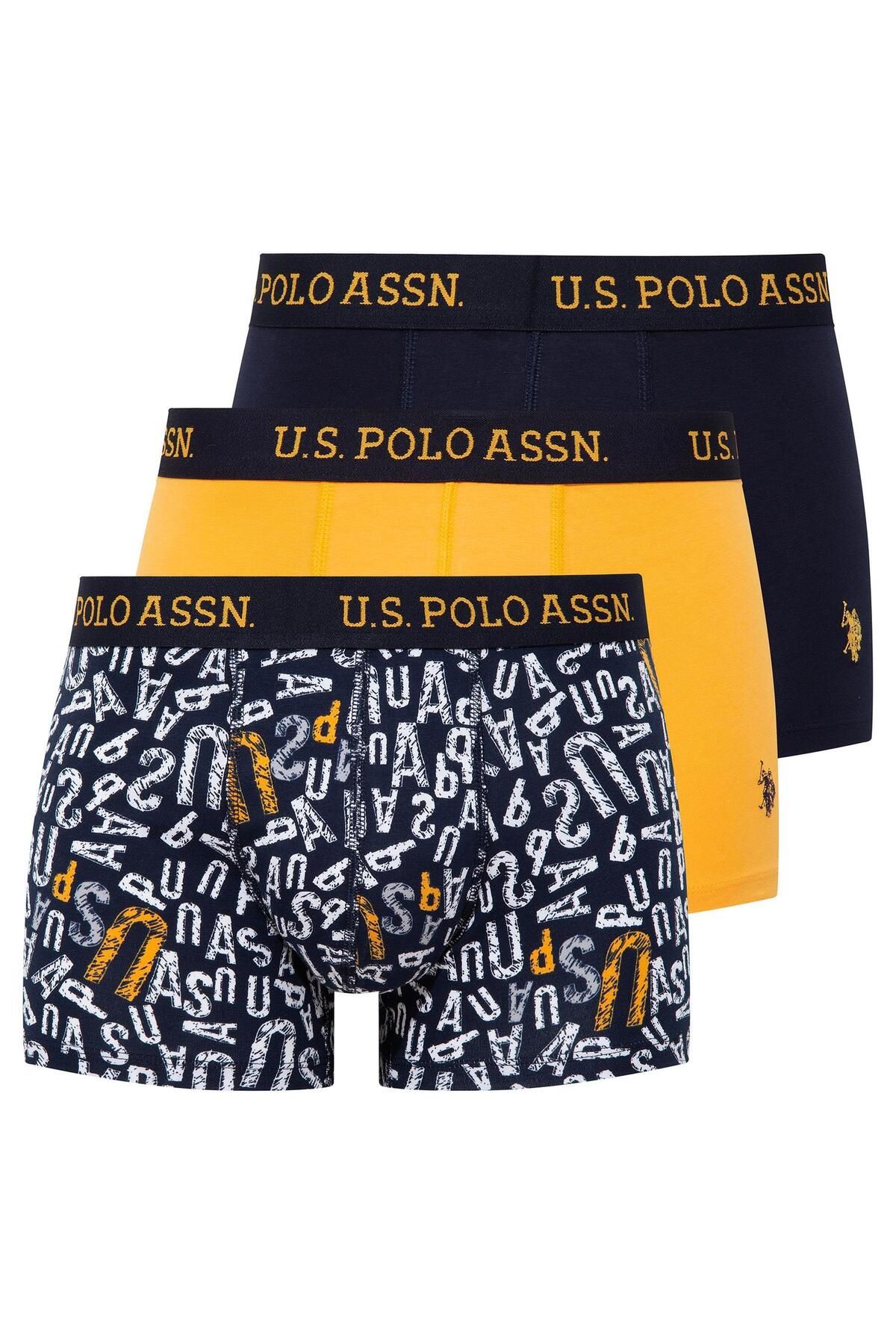 U.S. Polo Assn. - Erkek Sarı - Baskılı- Lacivert 3 Lü Boxer 80497