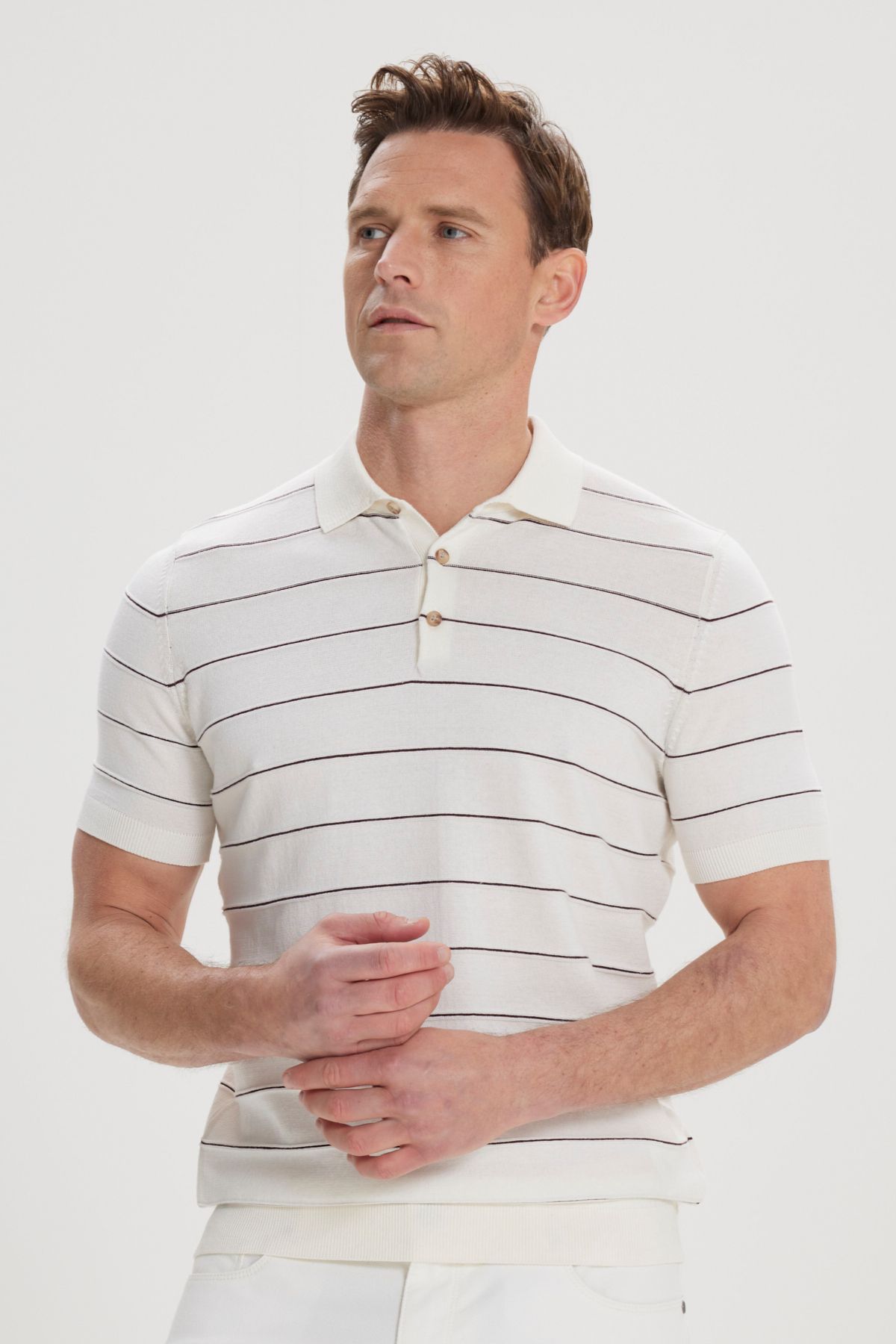 Altınyıldız Classics Erkek Ekru-Kahve Standart Fit Normal Kesim %100 Pamuk Çizgili Polo Yaka Triko Tişört