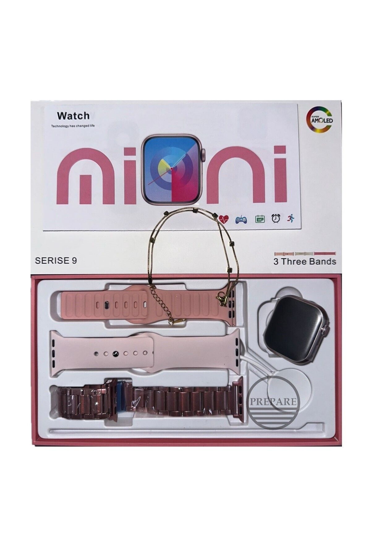PREPARE Mini Watch 9 Amoled Ekran 41mm Akıllı Saat +2 Kordon ve Bileklik Hediyeli