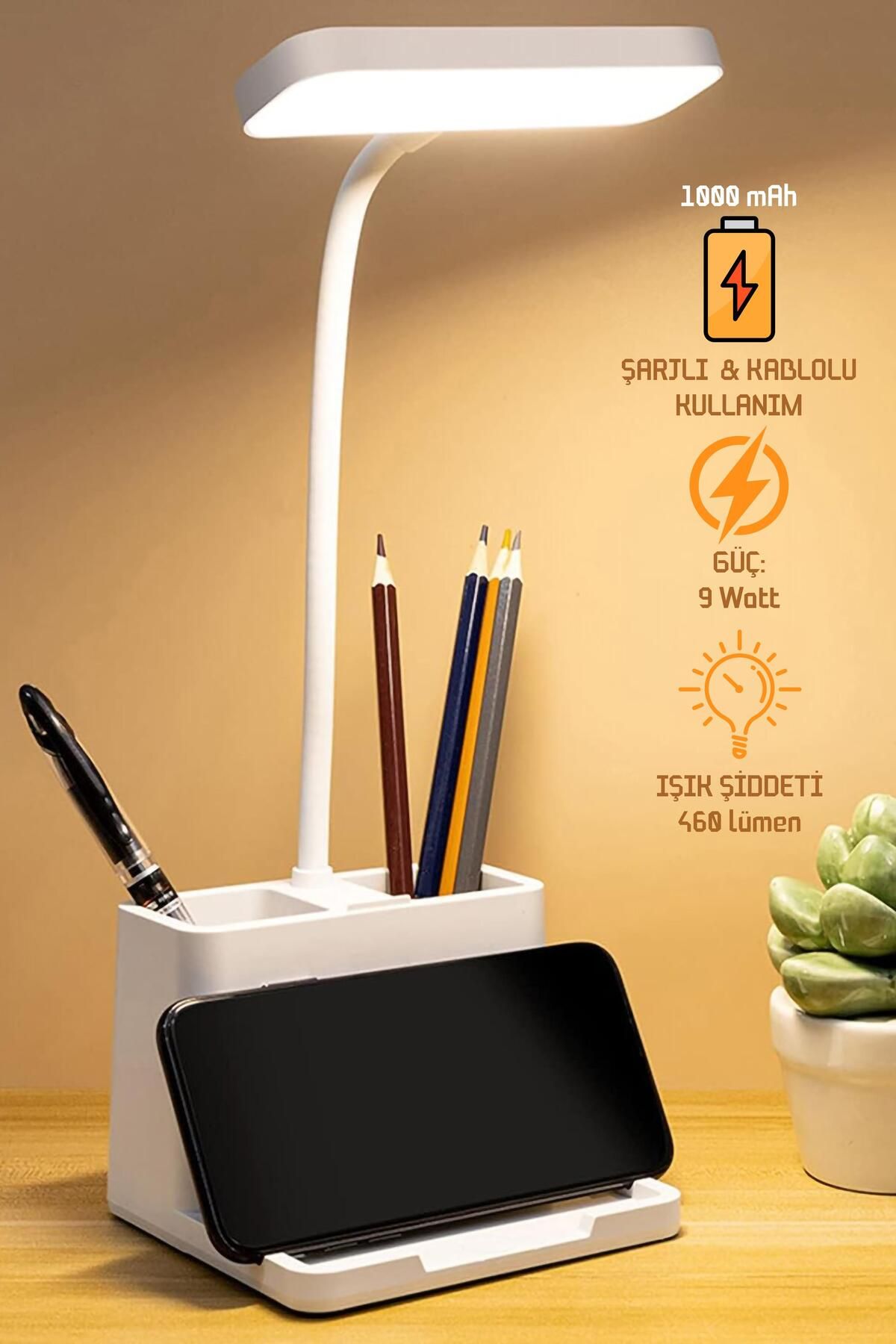 Soft Kare Şarjlı Masa Lambası Dokunmatik Sıcak Renk Ayarlı Telefon Standlı Dimmer Çalışma Okuma Işığı Q108