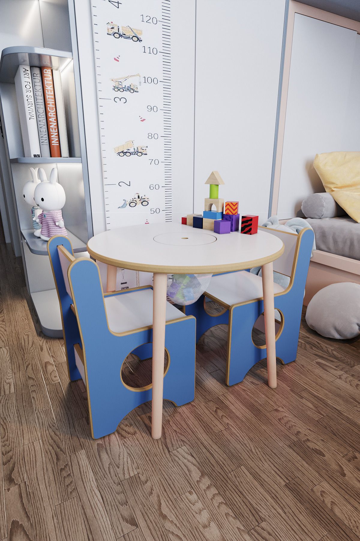 zeo wood design Yuvarlak Montessori Çocuk Oyun & Aktivite & Çalışma Masa Ve 2 Sandalye - Mavi