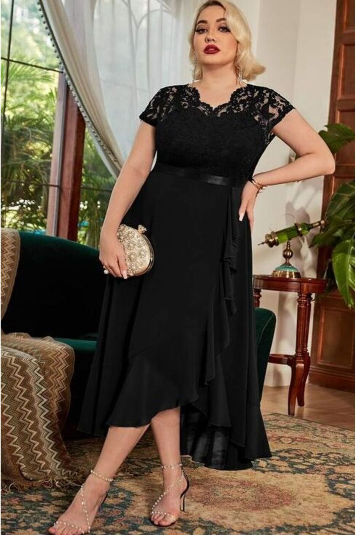 For Big Trend Kadın V Yaka Omuz Dantel Bel Saten Kuşak Fırfırlı Verev Kesim Astarlı Dokuma Şifon Abiye Elbise