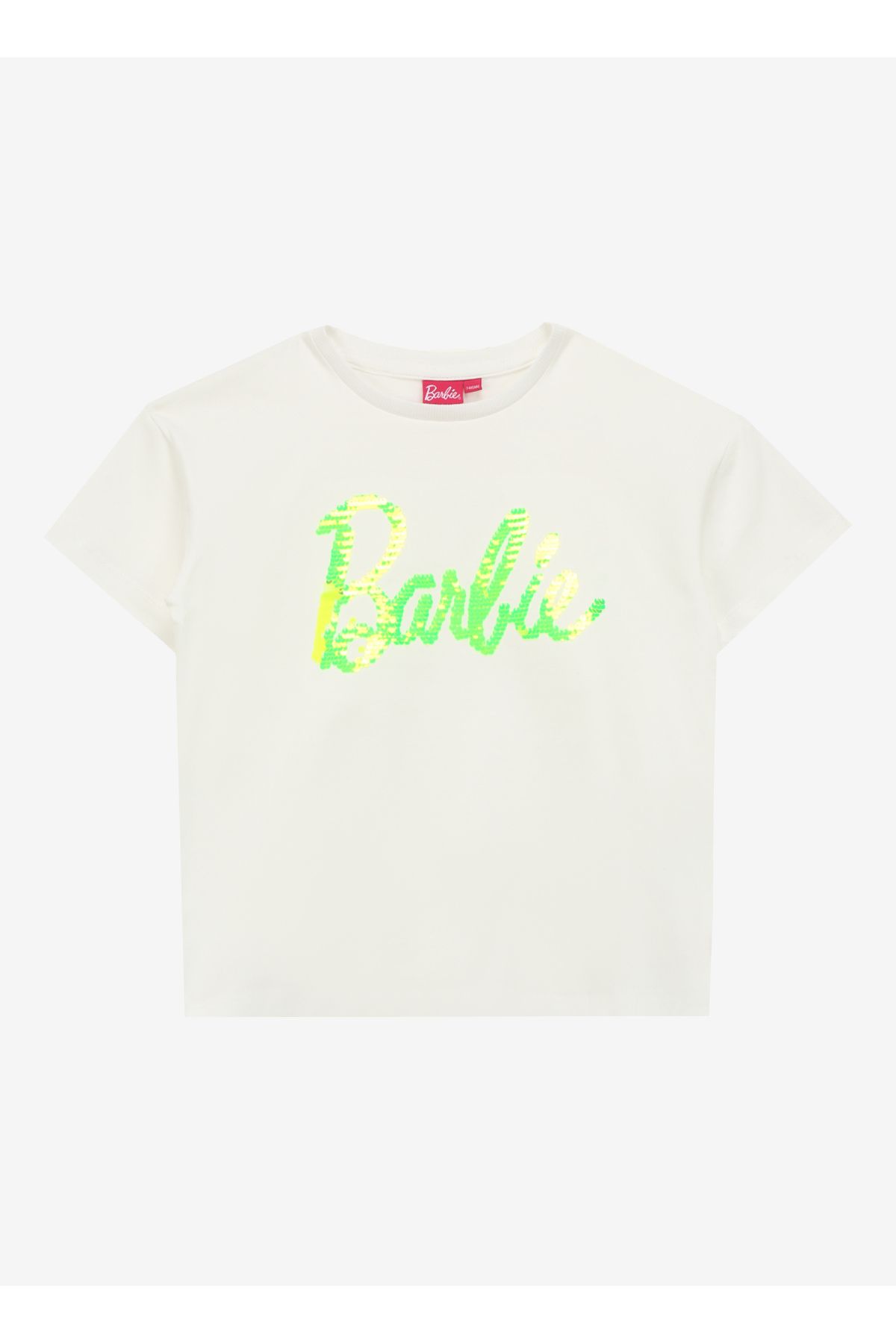 Barbie Payetli Sarı - Beyaz Kadın T-Shirt BRB4SG-TST6020