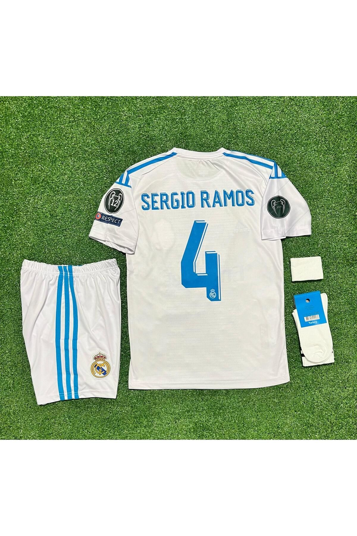 BYSPORTAKUS Real Madrid 2018 Finali Sergio Ramos Çocuk Forması Şort Çorap Bileklik 4'lü Set