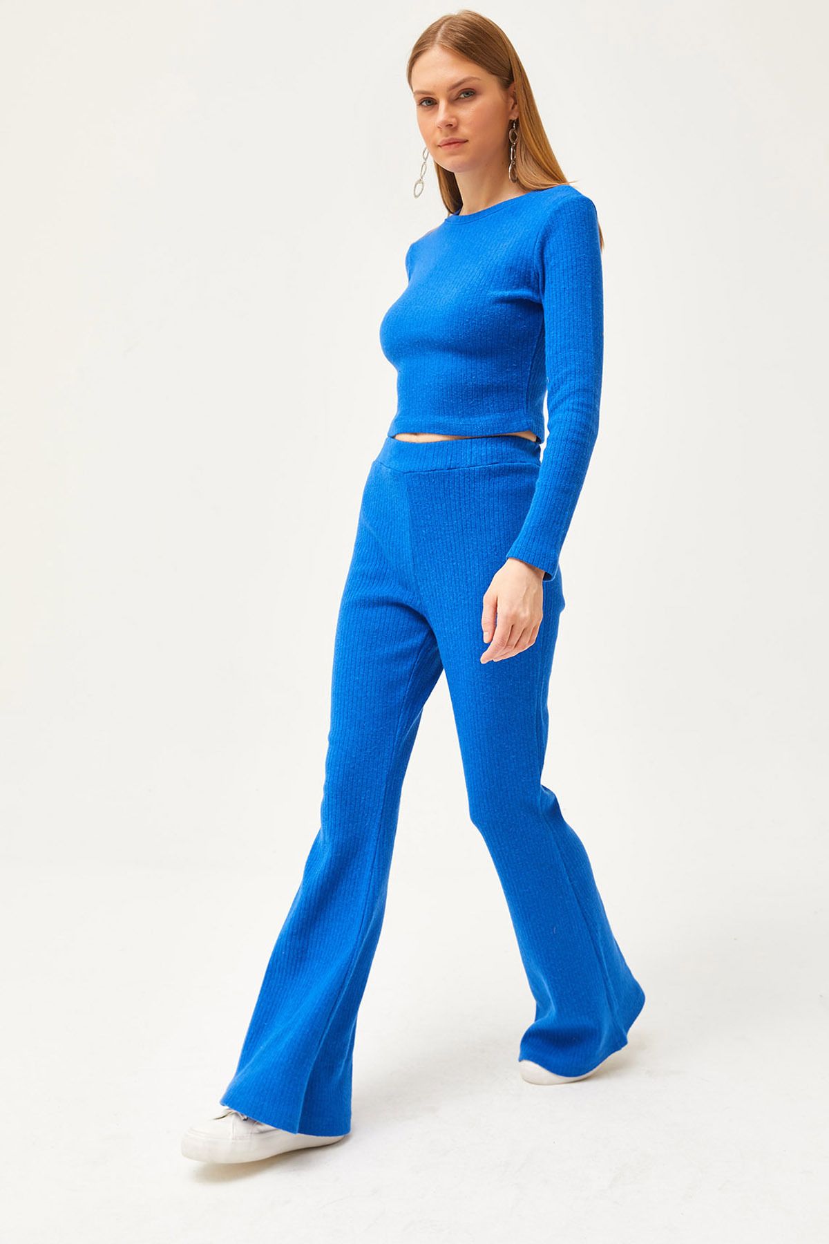 Olalook Kadın Saks Mavi Üst Crop Bluz Alt İspanyol Tayt Şardonlu Takım TKM-19000262
