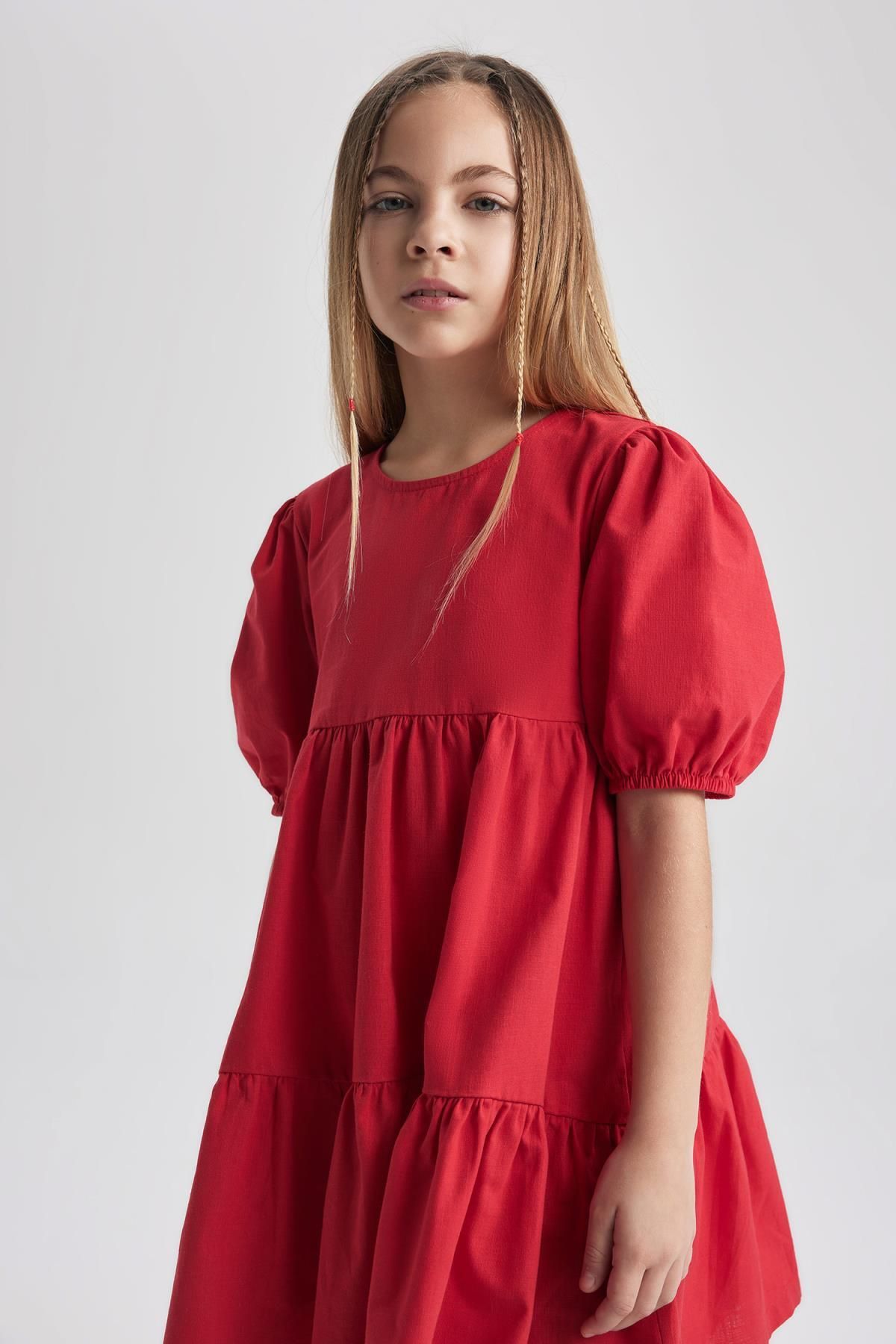 Defacto Kız Çocuk 23 Nisan Çocuk Bayramı Kısa Kollu Kırmızı Elbise B6927a824sm