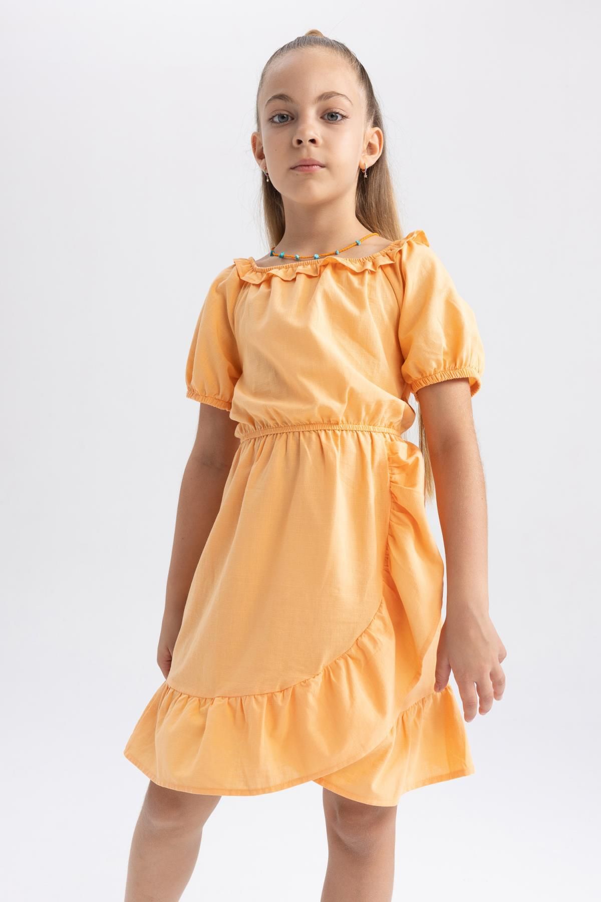 Defacto Kız Çocuk Esnek Yaka Kısa Kollu Pamuklu Elbise