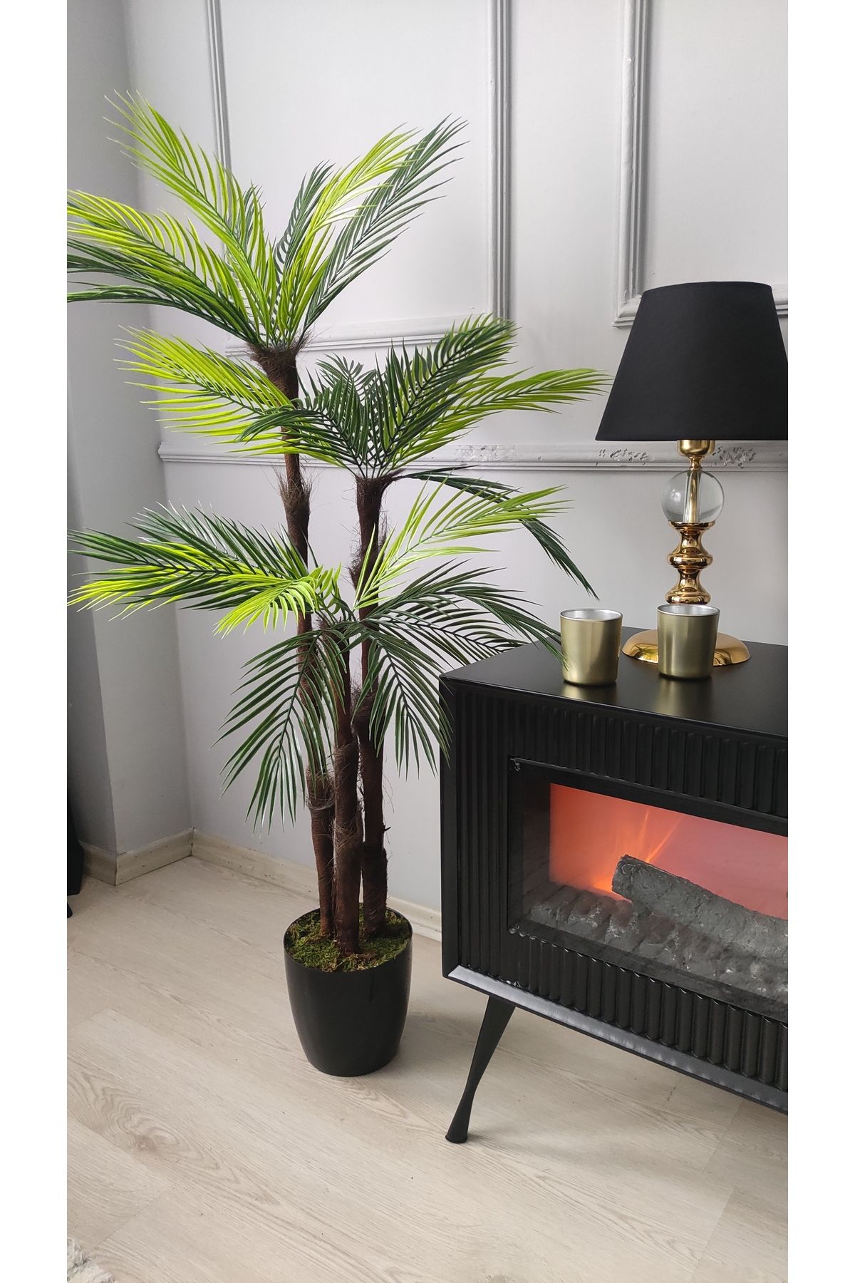 Cennet Home Lüks palmiye Ağacı Salon için yapay ağaç 150 cm 3 gövde 27 yaprak siyah parlak saksıda