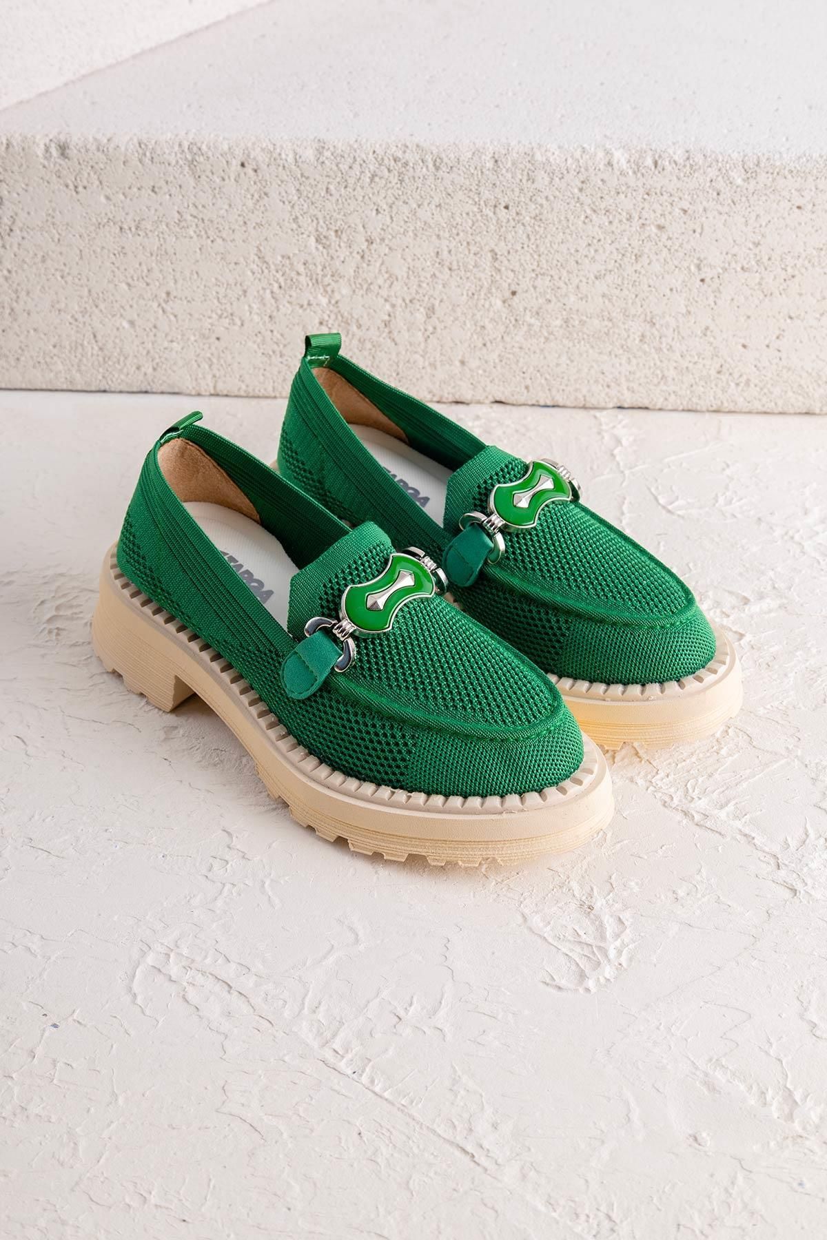 Getcho Rinsel Tokalı Yeşil Triko Kadın Loafer Ayakkabı
