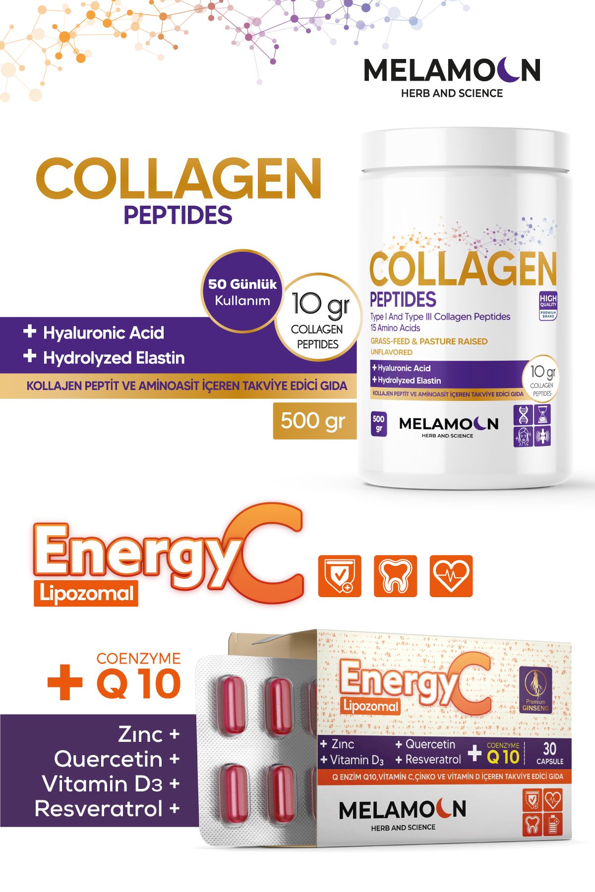 Melamoon %100 Saf Ve Doğal Kolajen (COLLAGEN) - Energy C Lipozomal C Vitamini - Fırsat Paketi