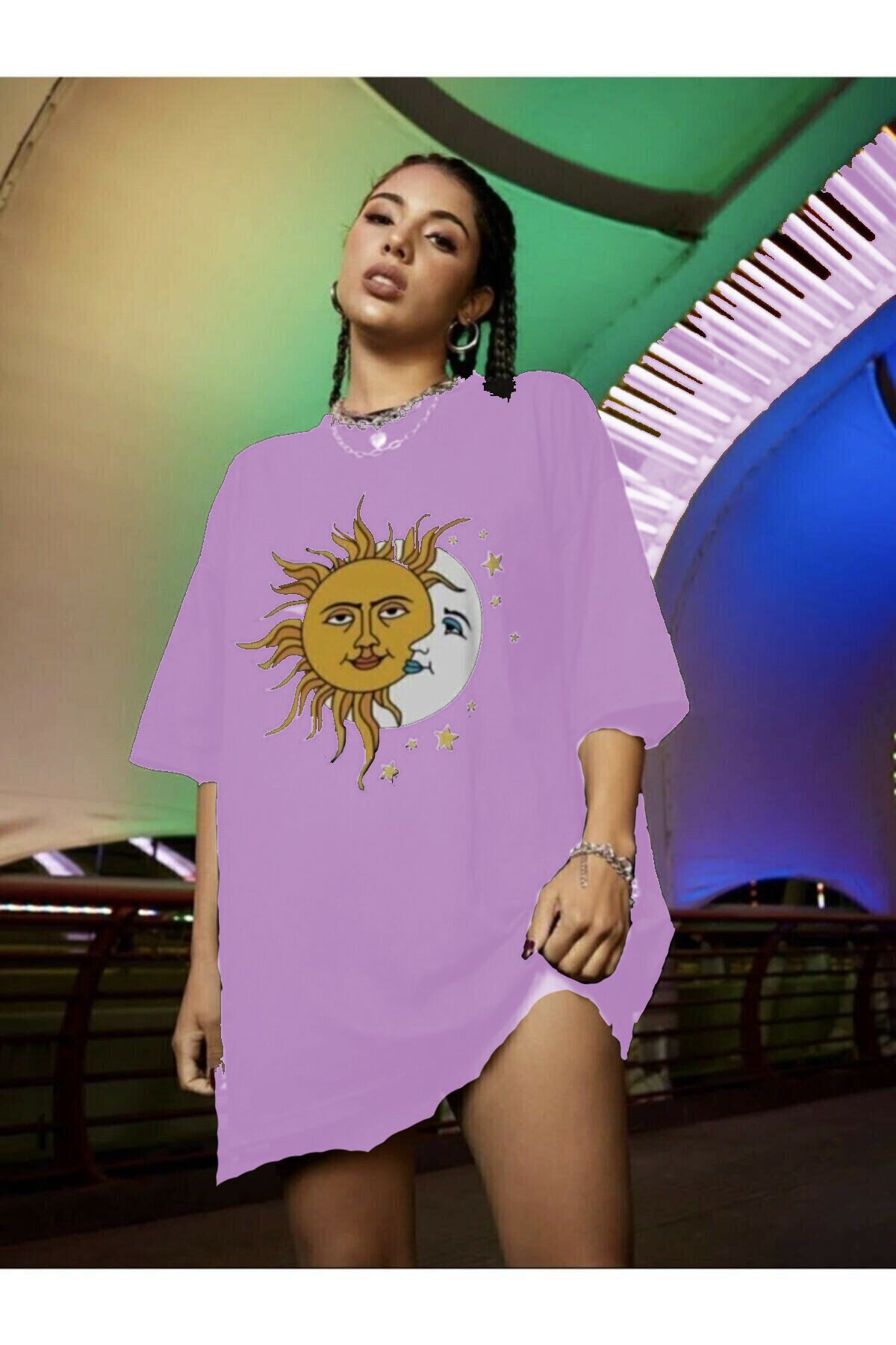 arıkoğlu kumaşçılık Kadın Siyah Güneş Ay Baskılı Oversize Penye T-shirt Tişört