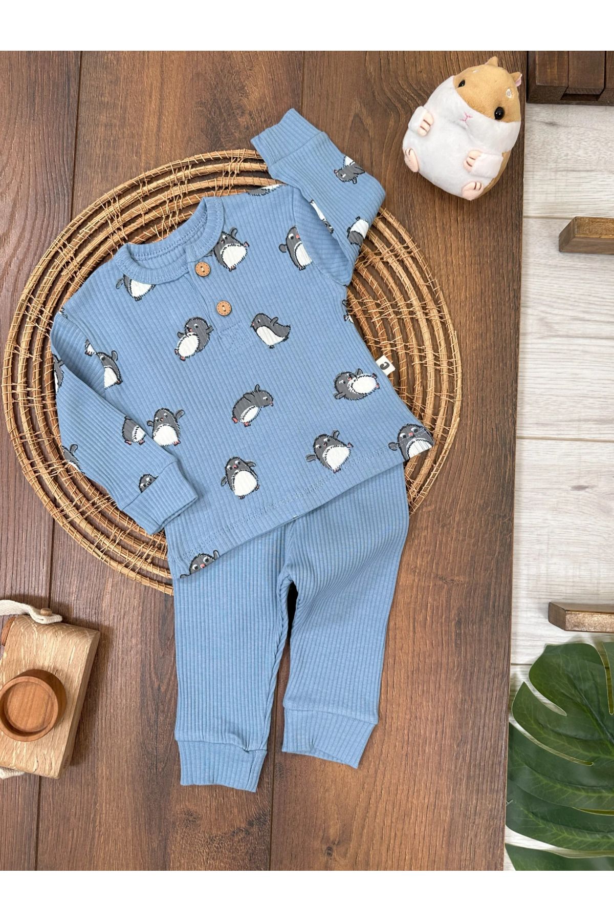 Babexi Kaşkorse Penguen Desenli İki Düğme Detaylı Unisex Bebek Takım