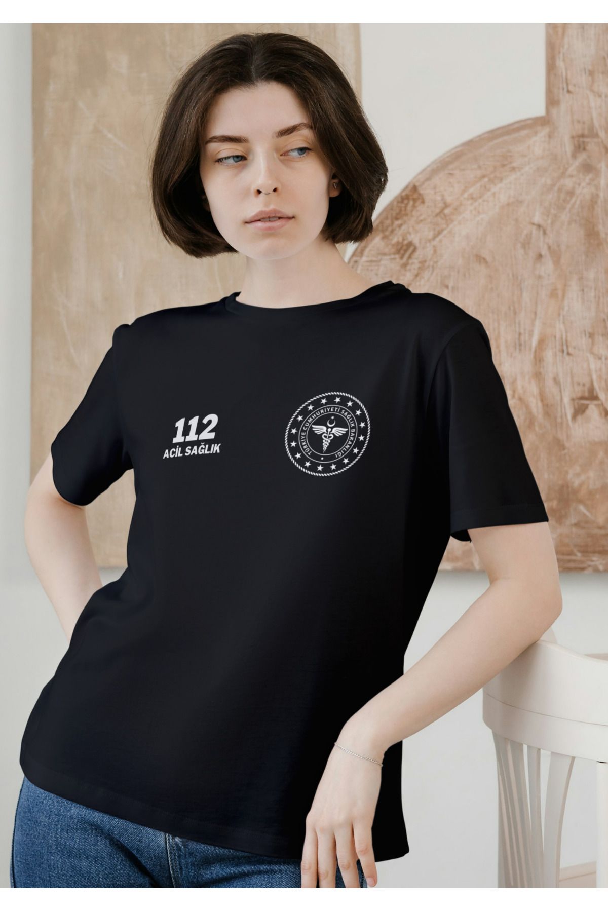 Eva Tekstil 112 Acil T-Shirt Siyah Kadın %100 Pamuk Rahat Kalıp Bisiklet Yaka Model-B