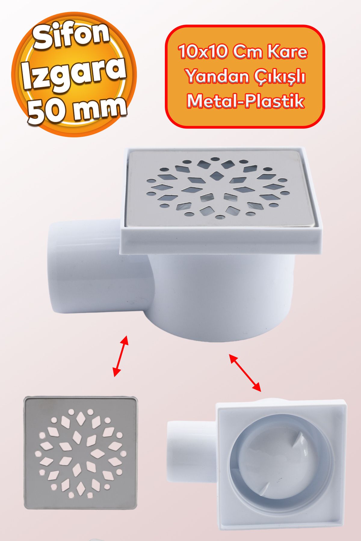 Badem10 Metal Plastik Yer Süzgeci Banyo Izgara Lavabo Pis Su Gideri Kapak Yandan Çıkışlı Yer Sifon 50 mm