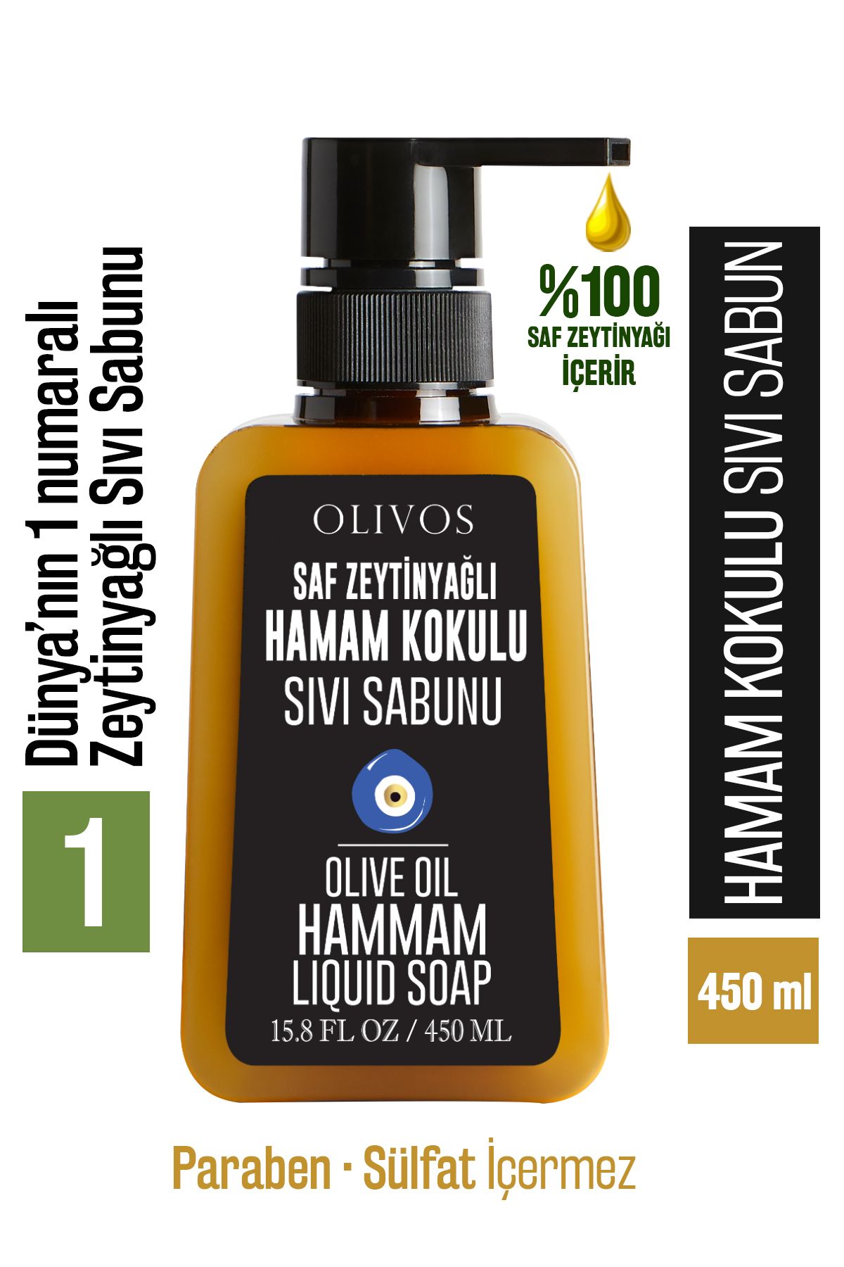Olivos %100 Doğal Zeytinyağlı Hamam Kokulu Sıvı El Sabun Yoğun Nemlendirici Arındırıcı Bitkisel 450 Ml