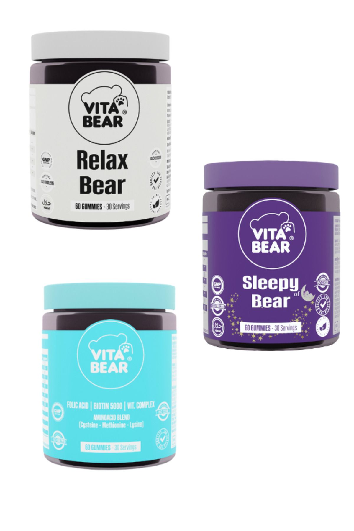 Vita Bear sleepy Bear 60 Gummy ve Relax Bear 60 Gummy & Strong Hair 60 Gummy