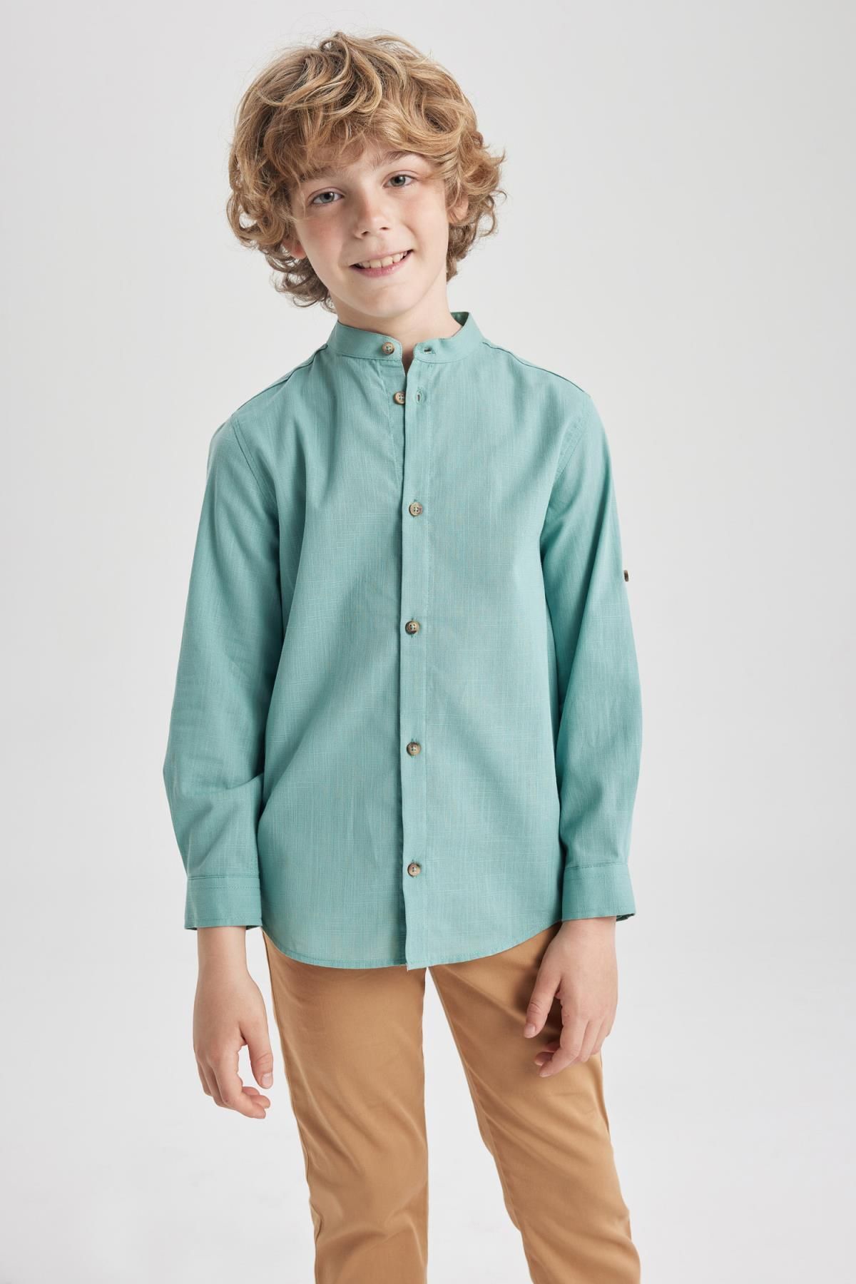 Defacto Erkek Çocuk Dik Yaka Keten Görünümlü Uzun Kollu Gömlek Z1035a623sm
