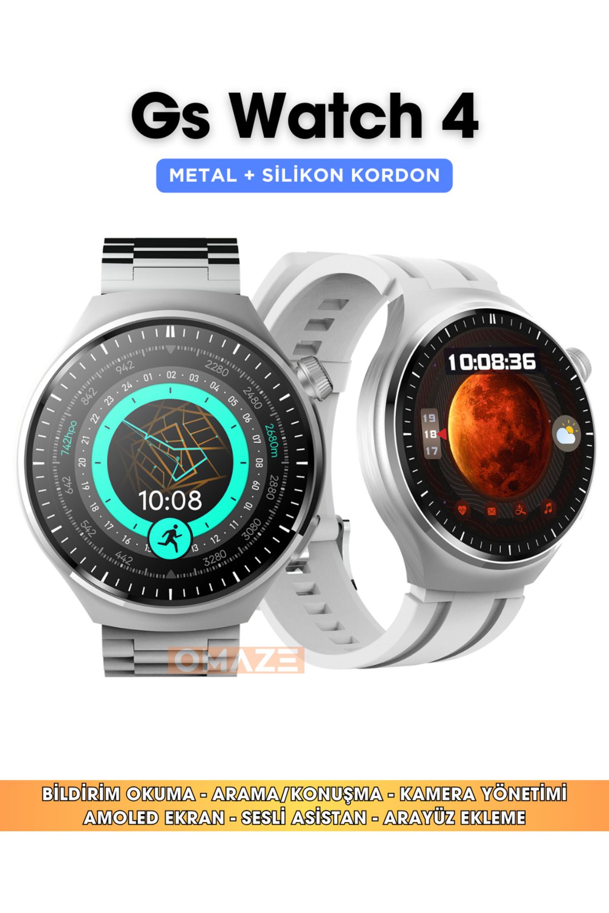 Omaze Watch Pro 4 Amoled Ekranlı Gümüş Yuvarlak Akıllı Saat Ios Ve Android Tüm Telefonlarla Tam Uyumlu