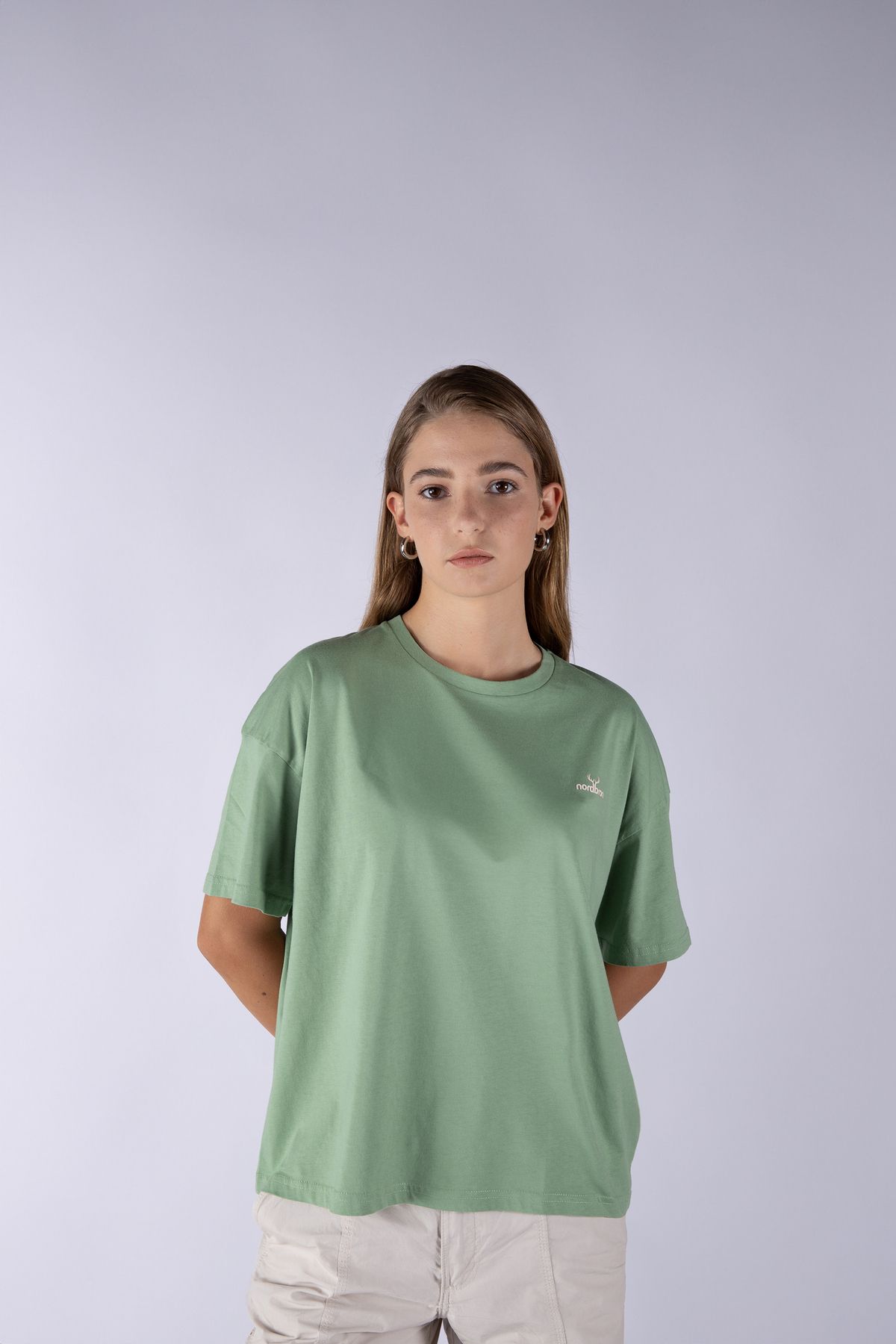 Nordbron Kadın Açık Yeşil Kramer Pamuklu Baskılı Relaxed Fit/rahat Kesim Oversize Bisiklet Yaka T-shirt
