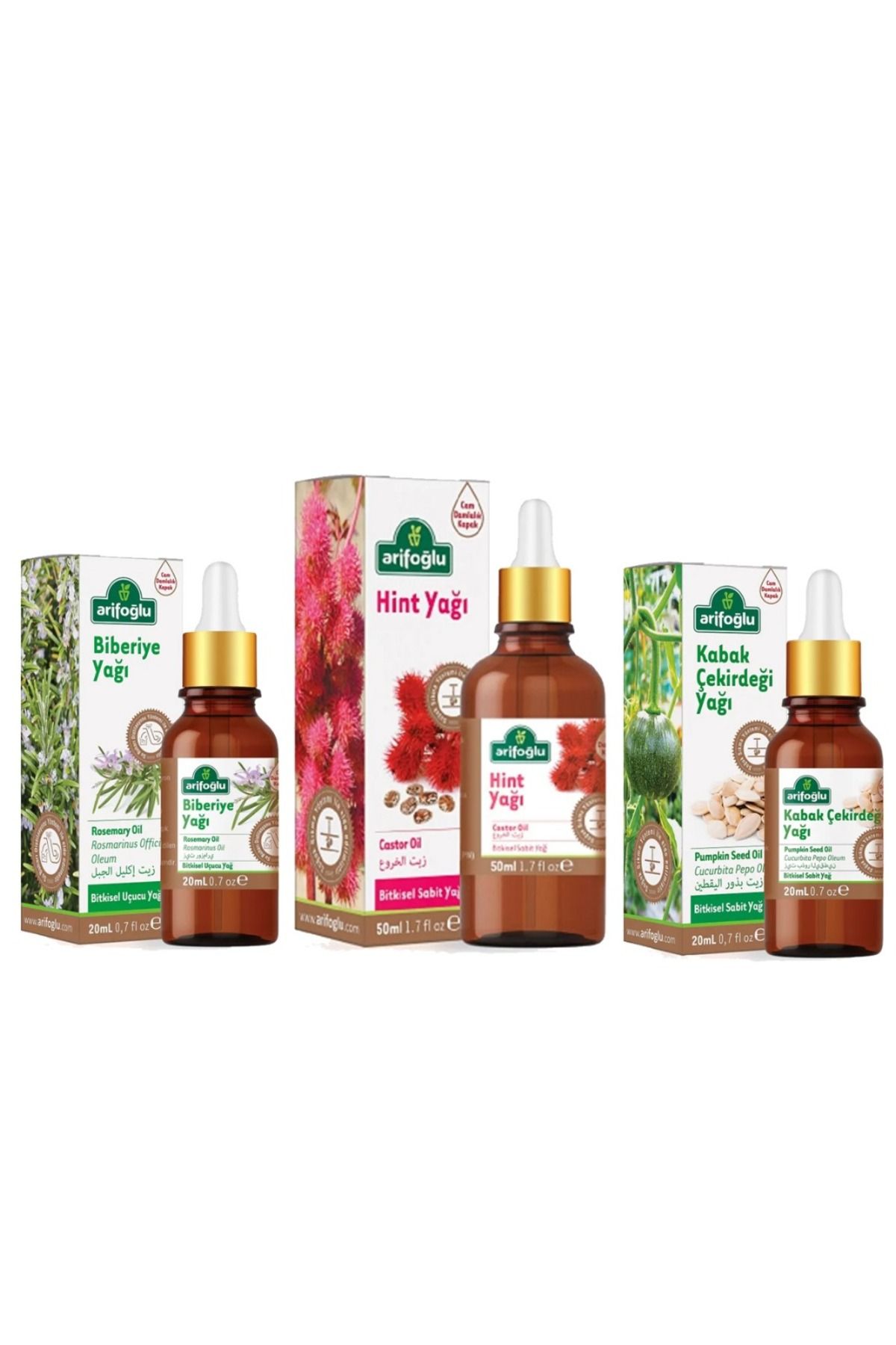 Arifoğlu Biberiye Yağı 20 ml - Hint Yağı 50 ml - Kabak Çekirdeği Yağı 20 ml. (Saç Bakım Seti)