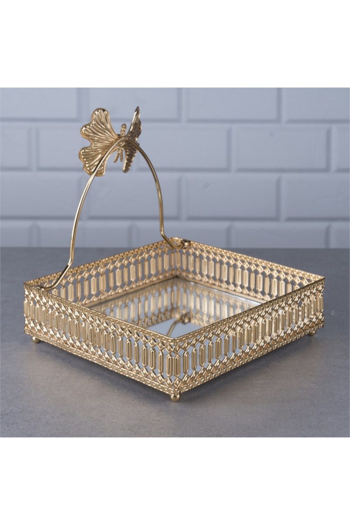 devigo Kelebek Model Aynalı Peçetelik Paslanmaz Çelik Lüks Peçete Kutusu Gold İşlemeli