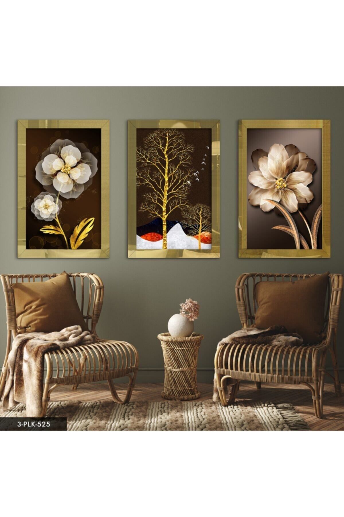 Evimemoda Çiçek Ağaç Gold 3 Parça Pleksi Aynalı Tablo