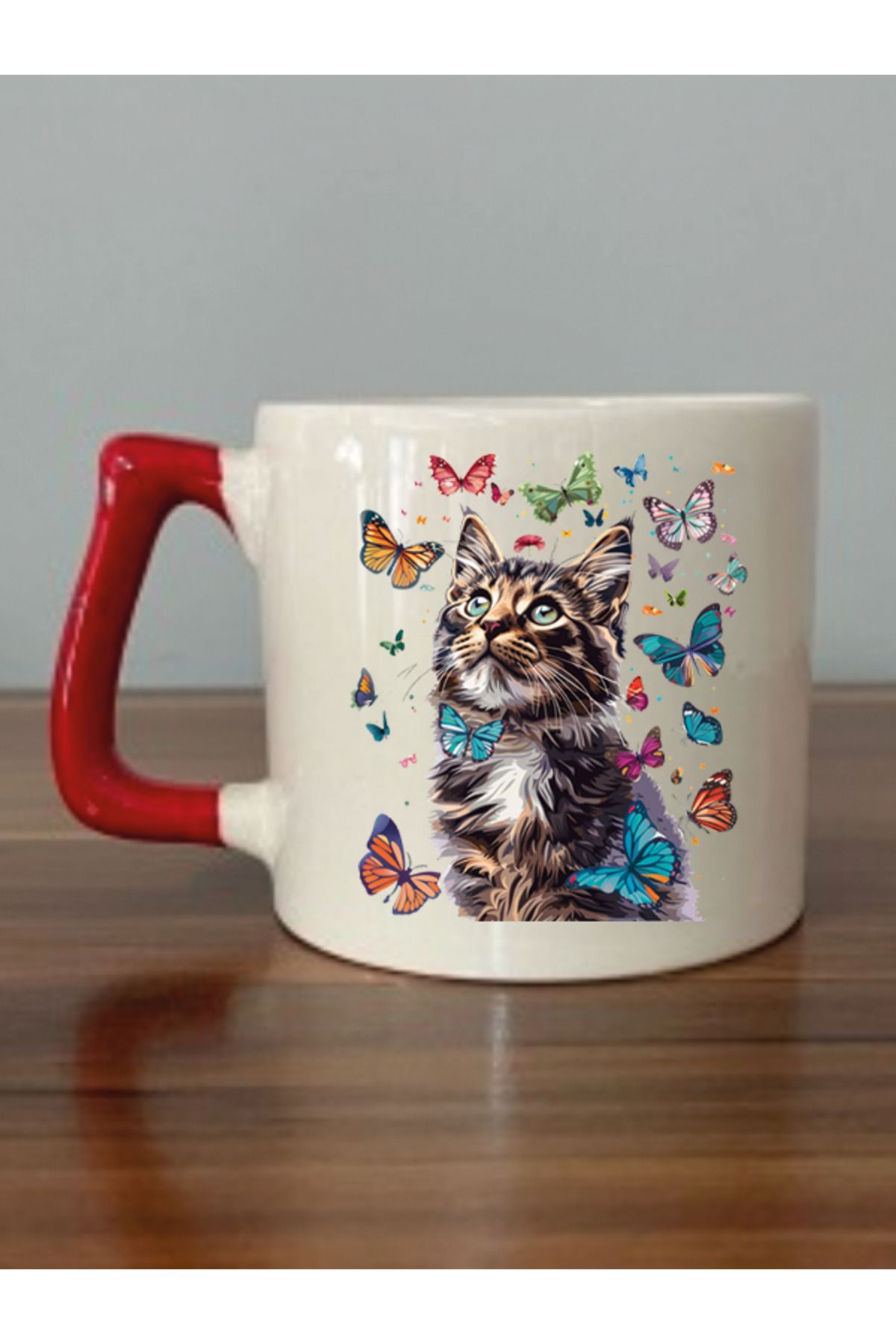 lili hediyelik Kelebekli Kedi Temalı Kırmızı Kulplu Kupa Bardak - Seramik Çay, Kahve Hediyelik Bardağı