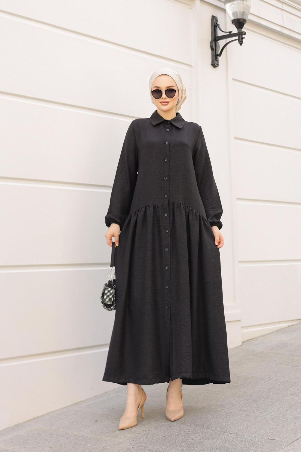 Bold Grup Kadın Düğmeli Siyah Kiloş Keten Karışımlı Elbise