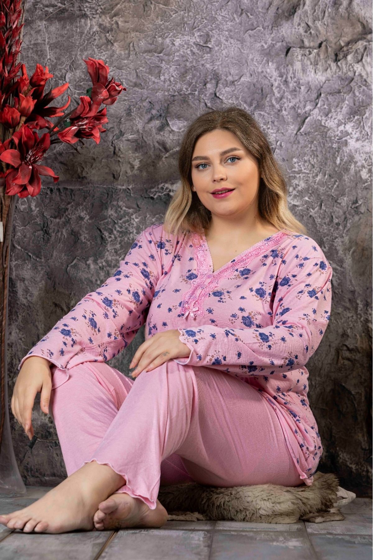Meba Kadın Pembe Çiçek Desen Uzun Kollu Büyük Beden Penye Pijama Takımı P902-16