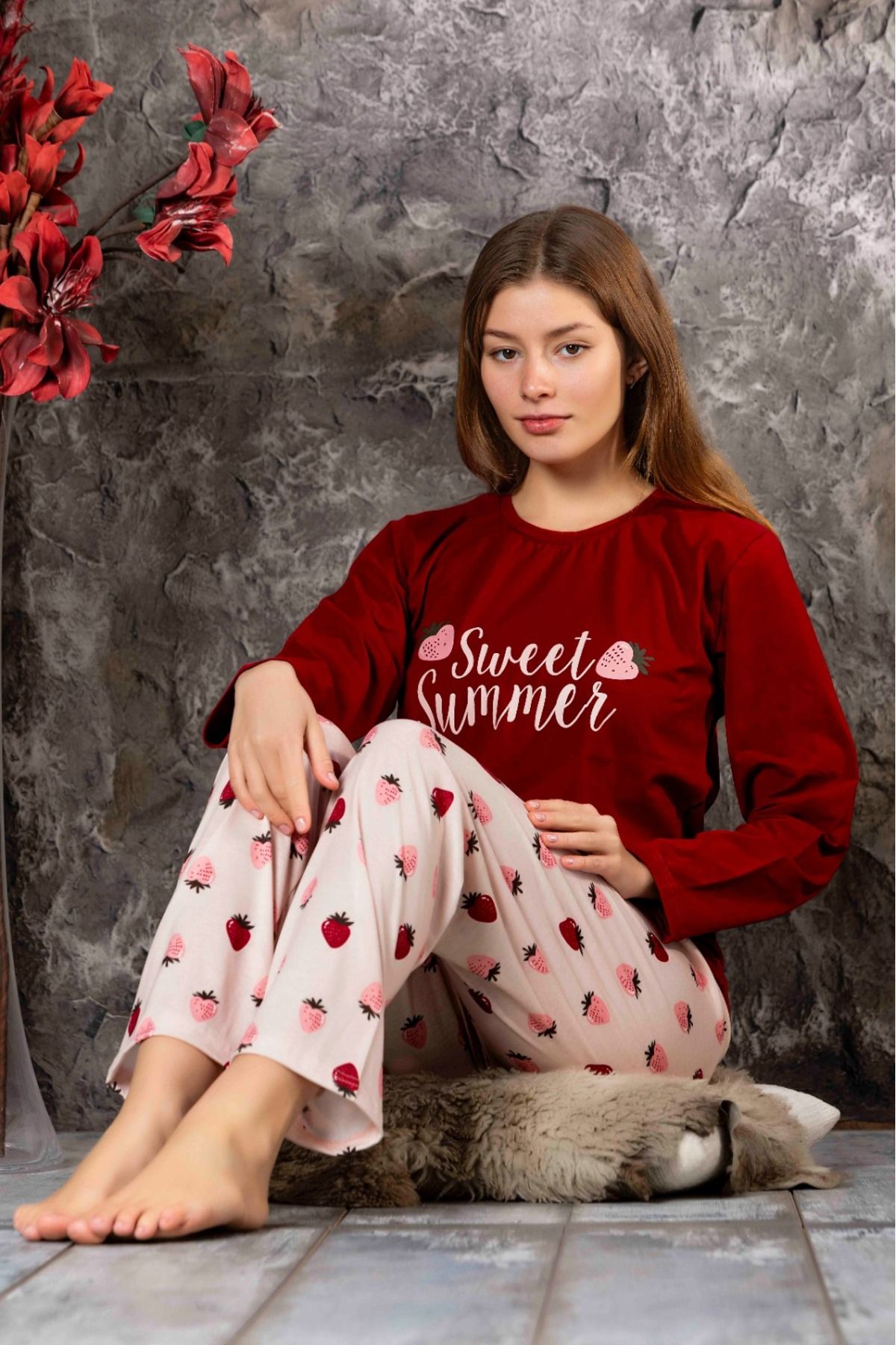 Meba Kadın Pembe Bordo Çilek Desen Uzun Kollu Penye Pijama Takımı K803-179