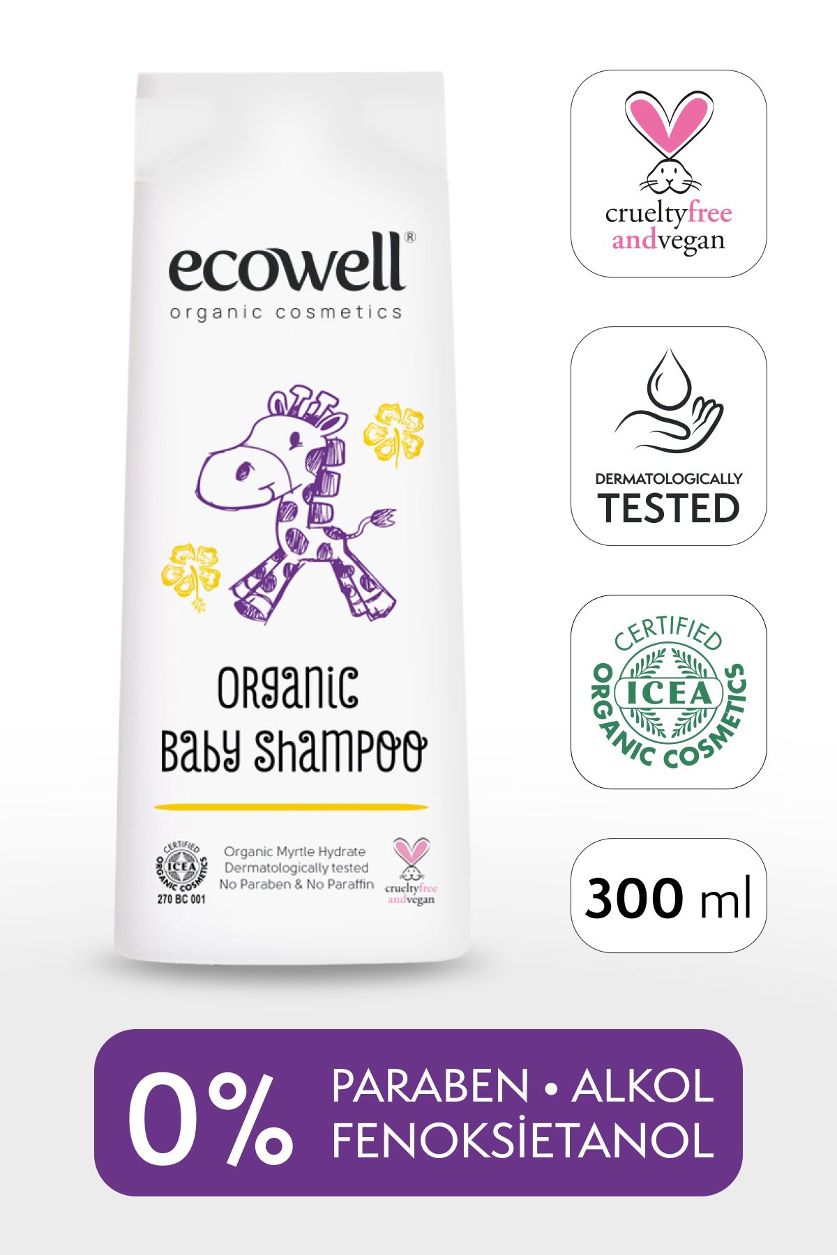 Ecowell Bebek Ve Çocuk Saç & Vücut Şampuanı, Organik & Vegan Sertifikalı, Parabensiz, Konak Önleyici, 300 ml